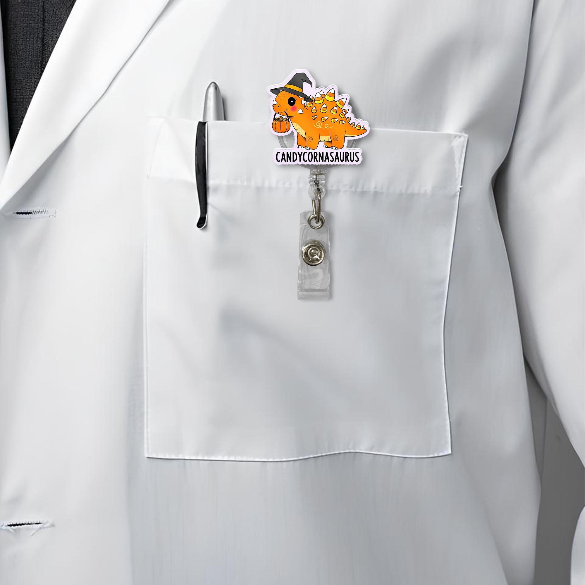 Candycornasaurus Badge Reel – Cute Dinosaur Halloween Candy Corn Retractable ID Holder, Nurse Teacher Office Fall Accessory