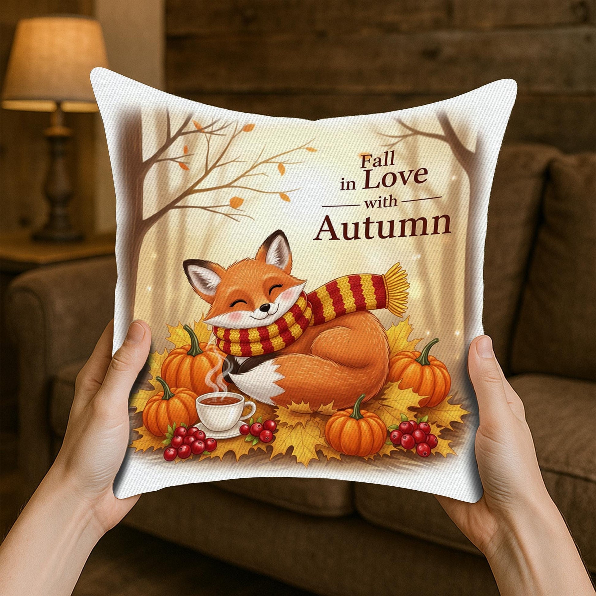 Fall in Love with Autumn Fox Pillow, Cozy Fall Throw Cushion Cover, Cute Pumpkin and Coffee Autumn Decor