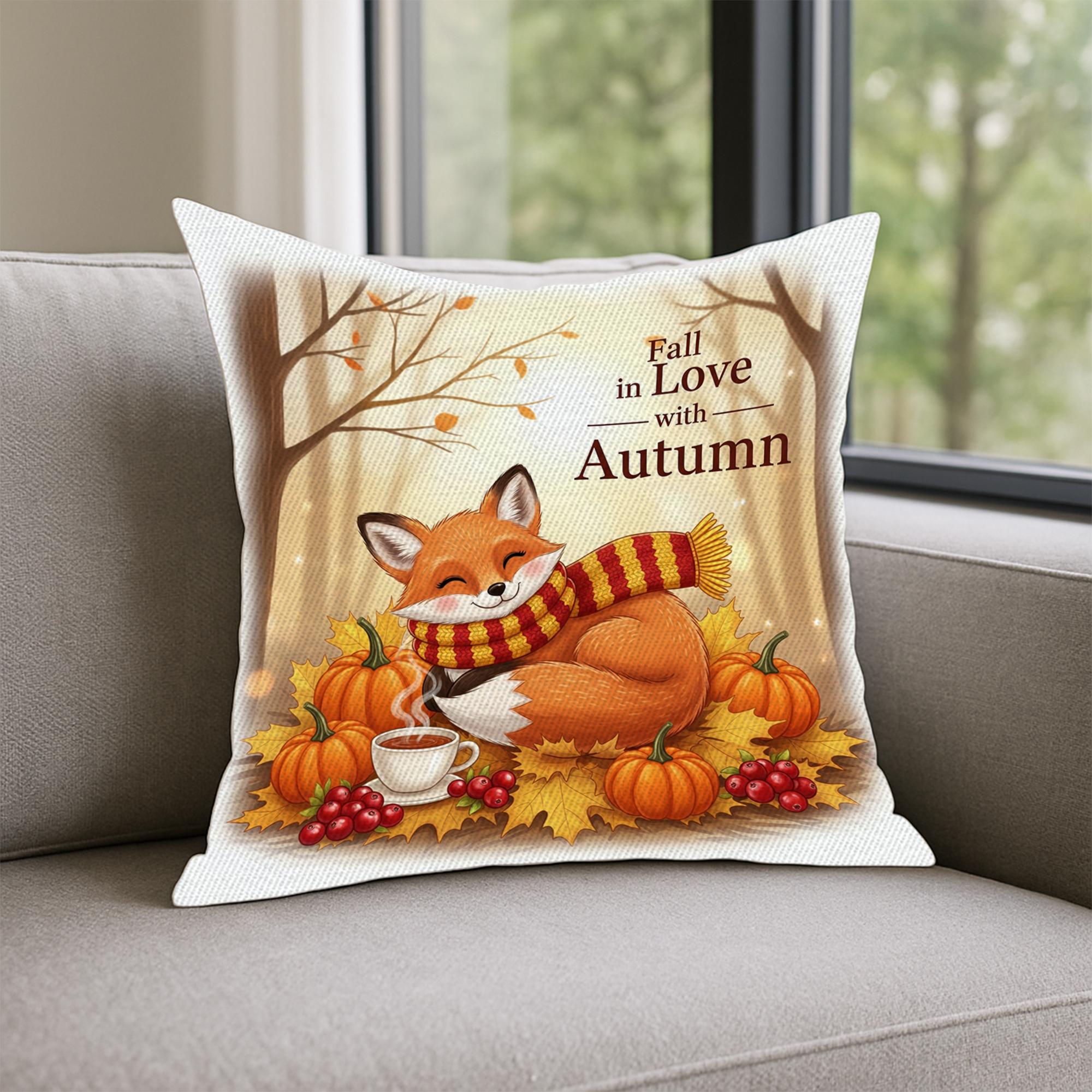 Fall in Love with Autumn Fox Pillow, Cozy Fall Throw Cushion Cover, Cute Pumpkin and Coffee Autumn Decor