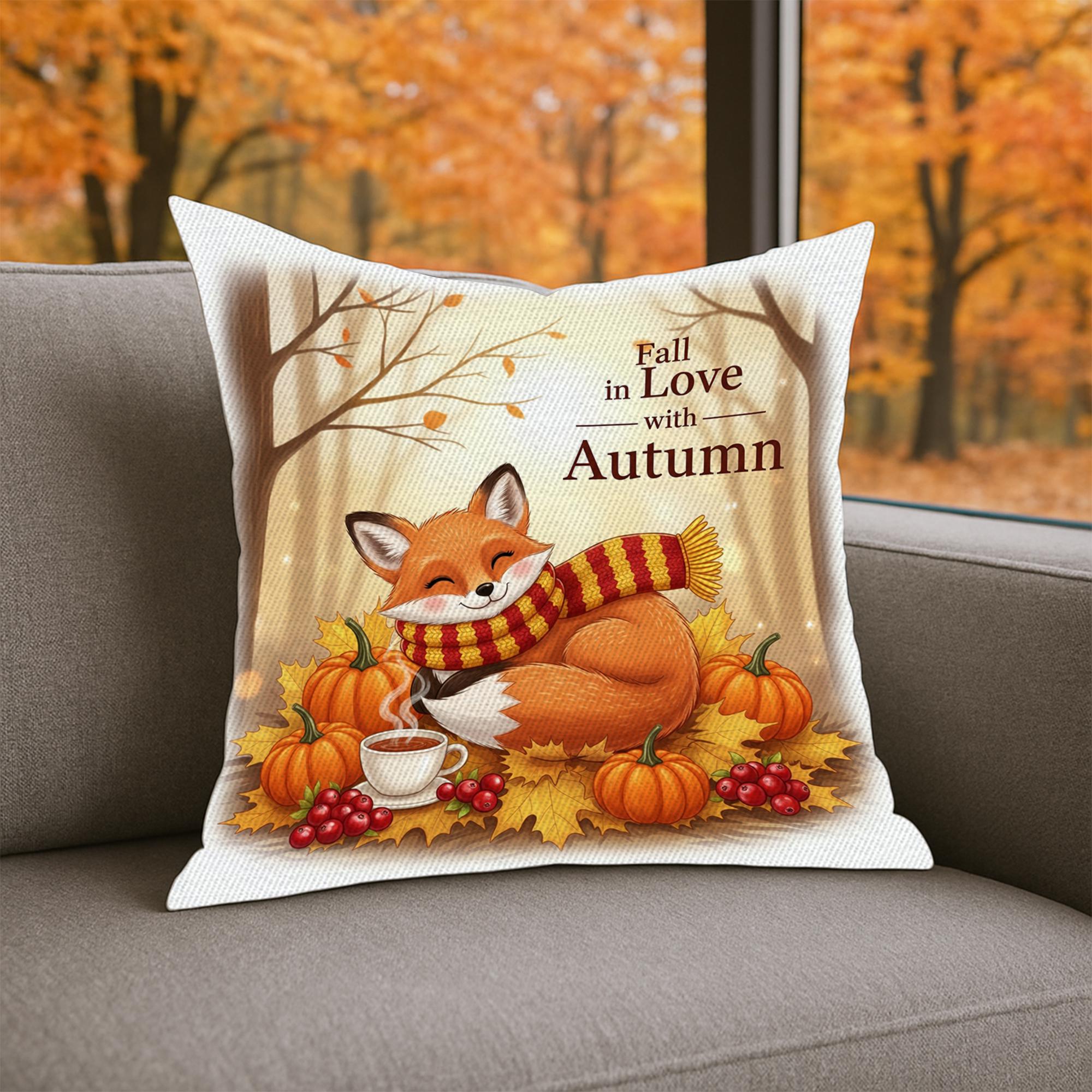 Fall in Love with Autumn Fox Pillow, Cozy Fall Throw Cushion Cover, Cute Pumpkin and Coffee Autumn Decor