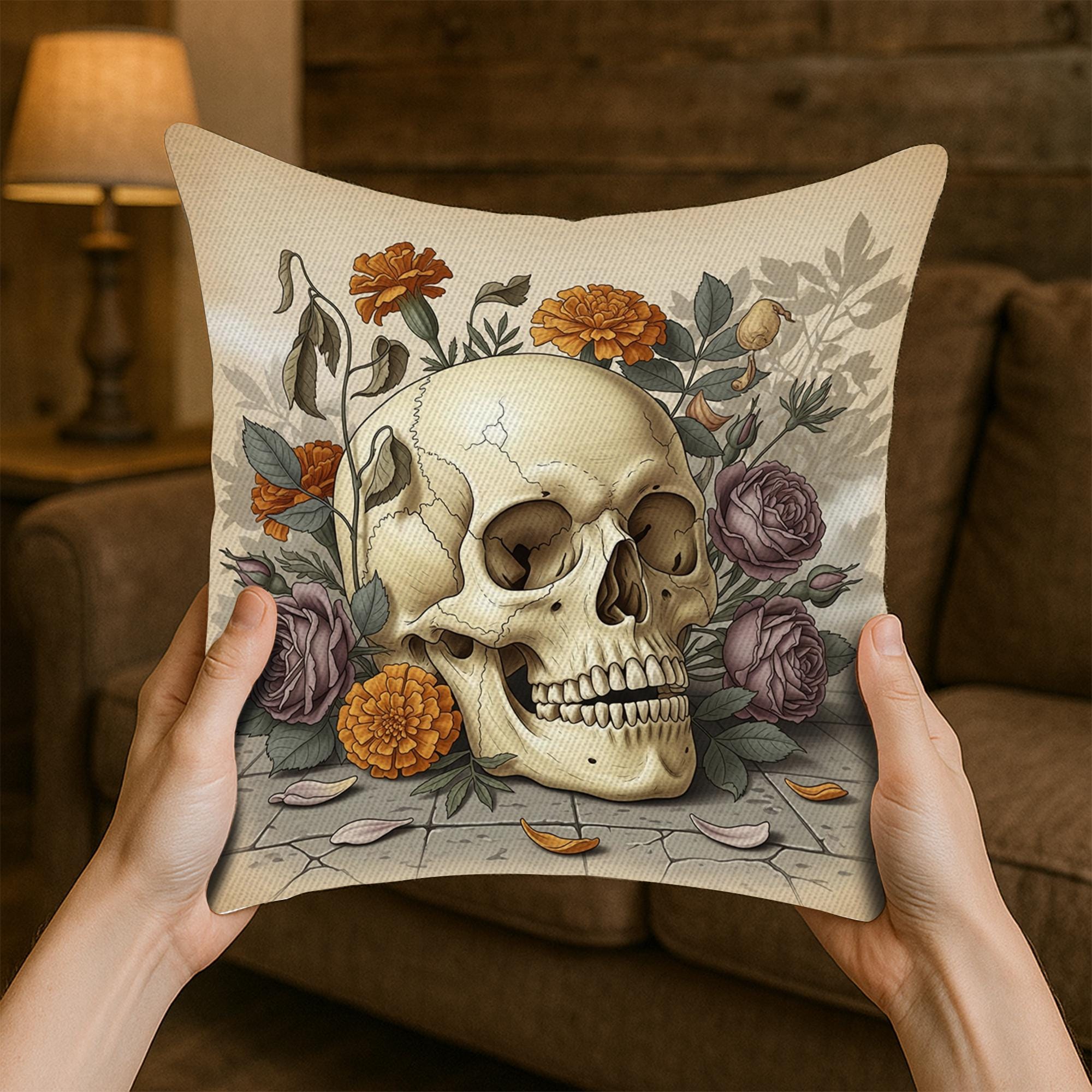 Vintage Skull and Flowers Pillow, Gothic Halloween Throw Cushion Cover, Botanical Skeleton Art Decorative Pillow