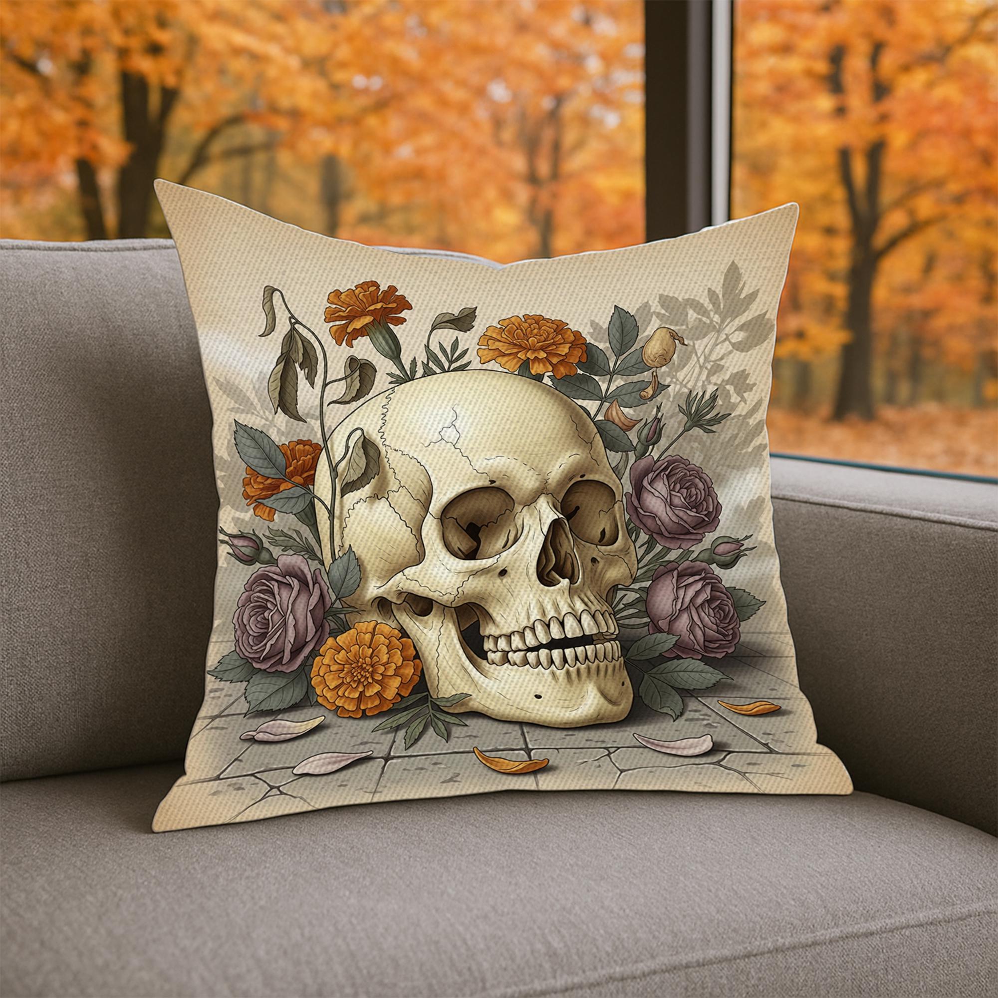 Vintage Skull and Flowers Pillow, Gothic Halloween Throw Cushion Cover, Botanical Skeleton Art Decorative Pillow