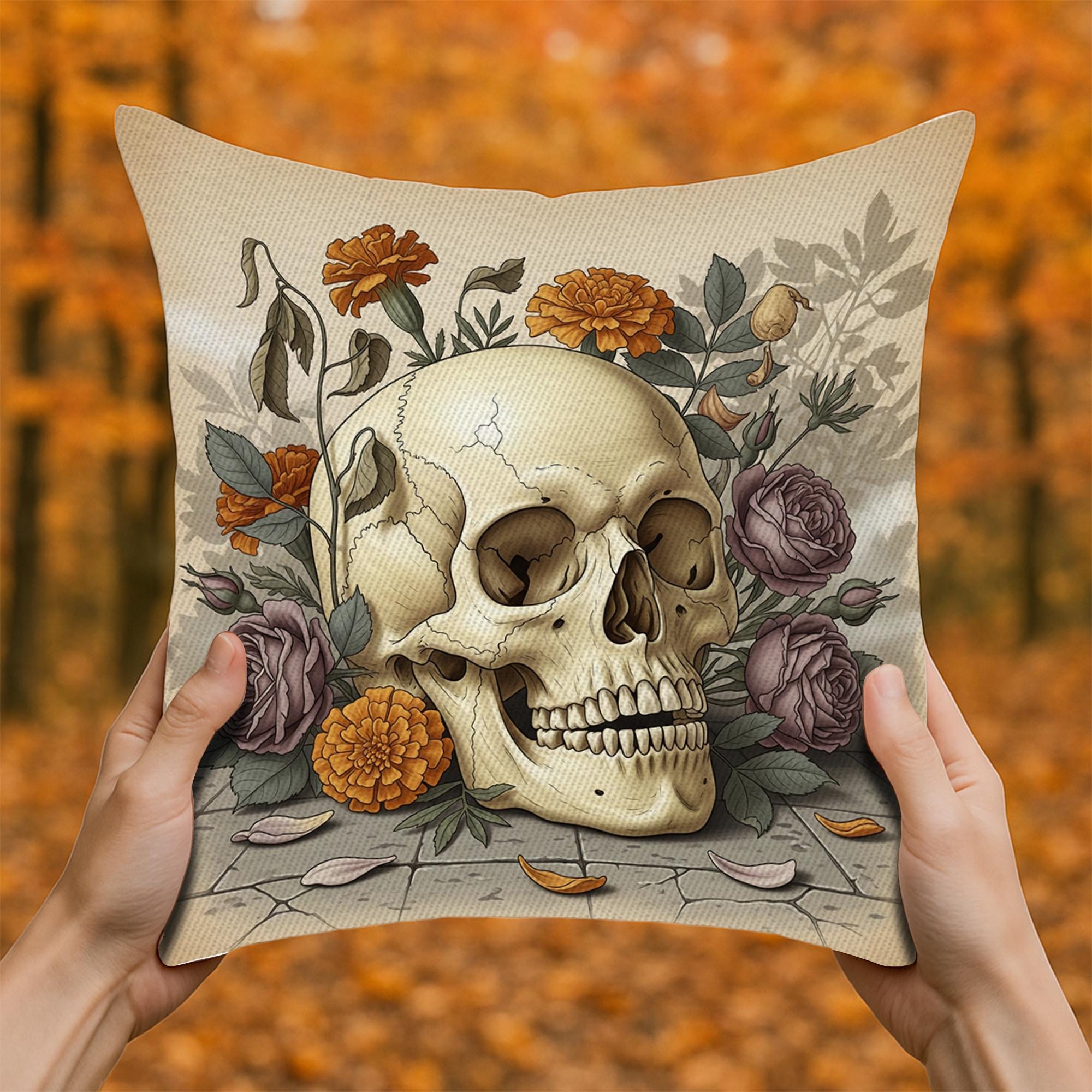 Vintage Skull and Flowers Pillow, Gothic Halloween Throw Cushion Cover, Botanical Skeleton Art Decorative Pillow