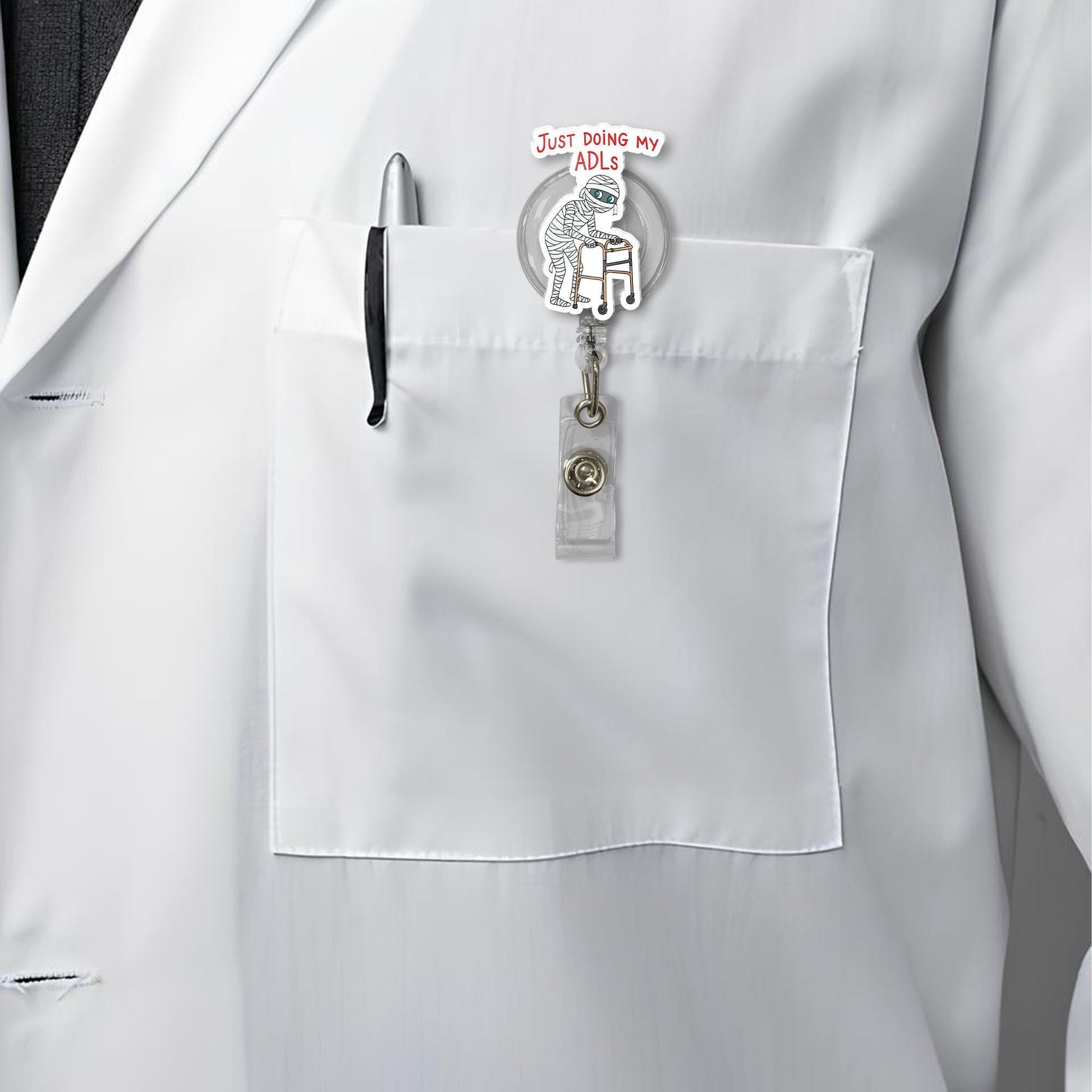 Just Doing My ADLs Badge Reel – Funny Mummy Halloween Retractable ID Holder for Nurse CNA OT pt Therapist Fall Medical Accessory