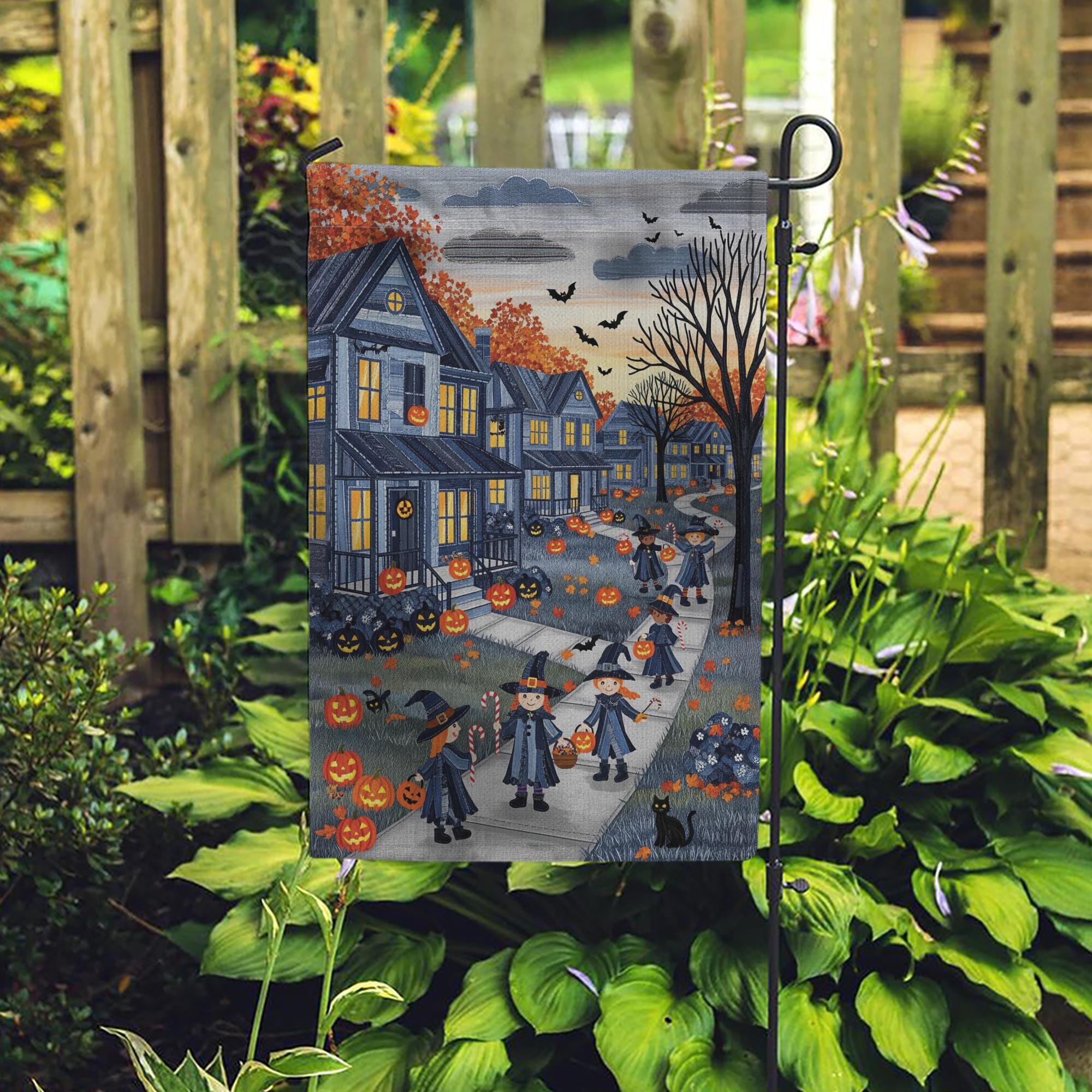 Halloween Trick or Treat Denim Garden Flag – Spooky Neighborhood Witches Pumpkins Autumn Yard Outdoor Decoration Fall Porch Decor