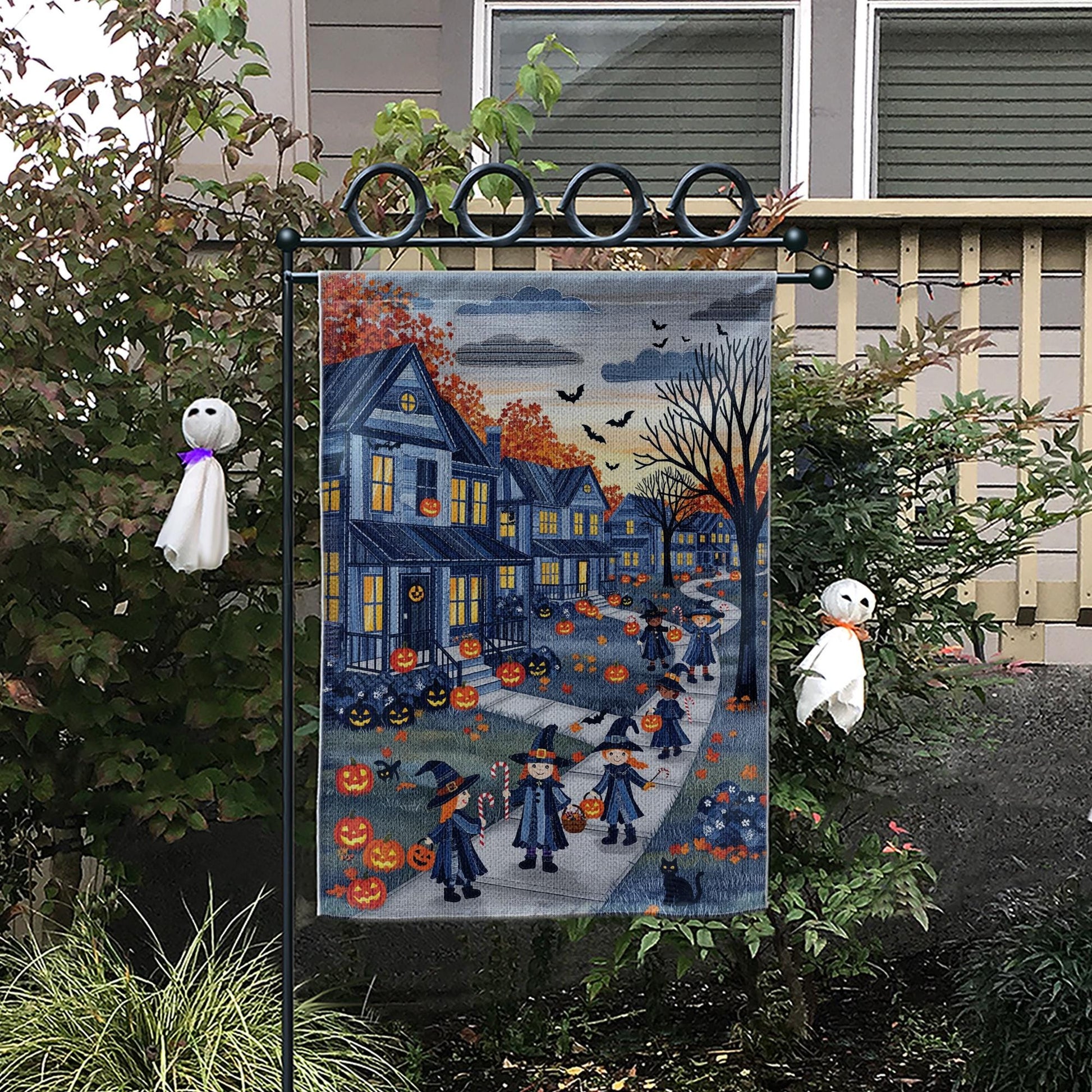 Halloween Trick or Treat Denim Garden Flag – Spooky Neighborhood Witches Pumpkins Autumn Yard Outdoor Decoration Fall Porch Decor