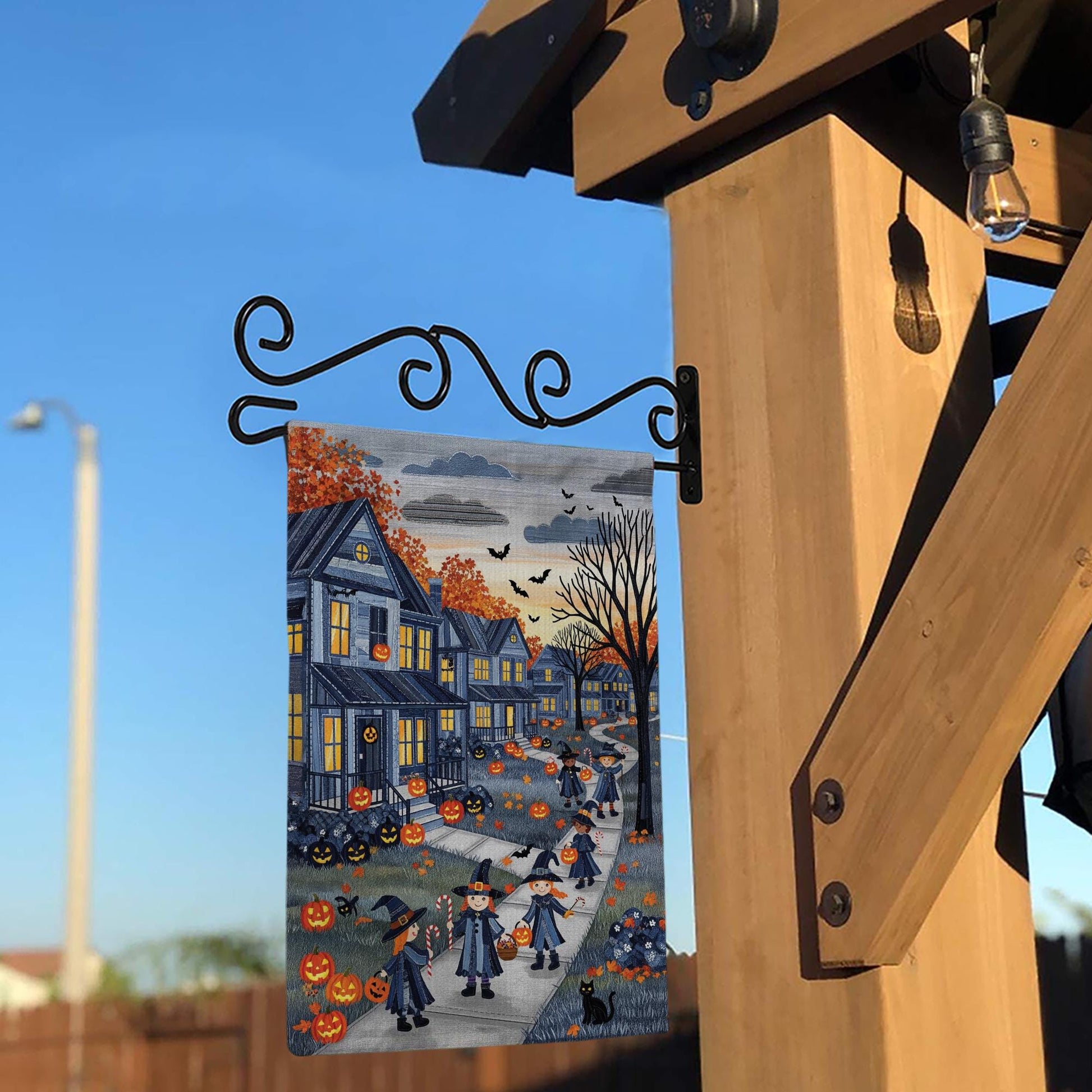 Halloween Trick or Treat Denim Garden Flag – Spooky Neighborhood Witches Pumpkins Autumn Yard Outdoor Decoration Fall Porch Decor