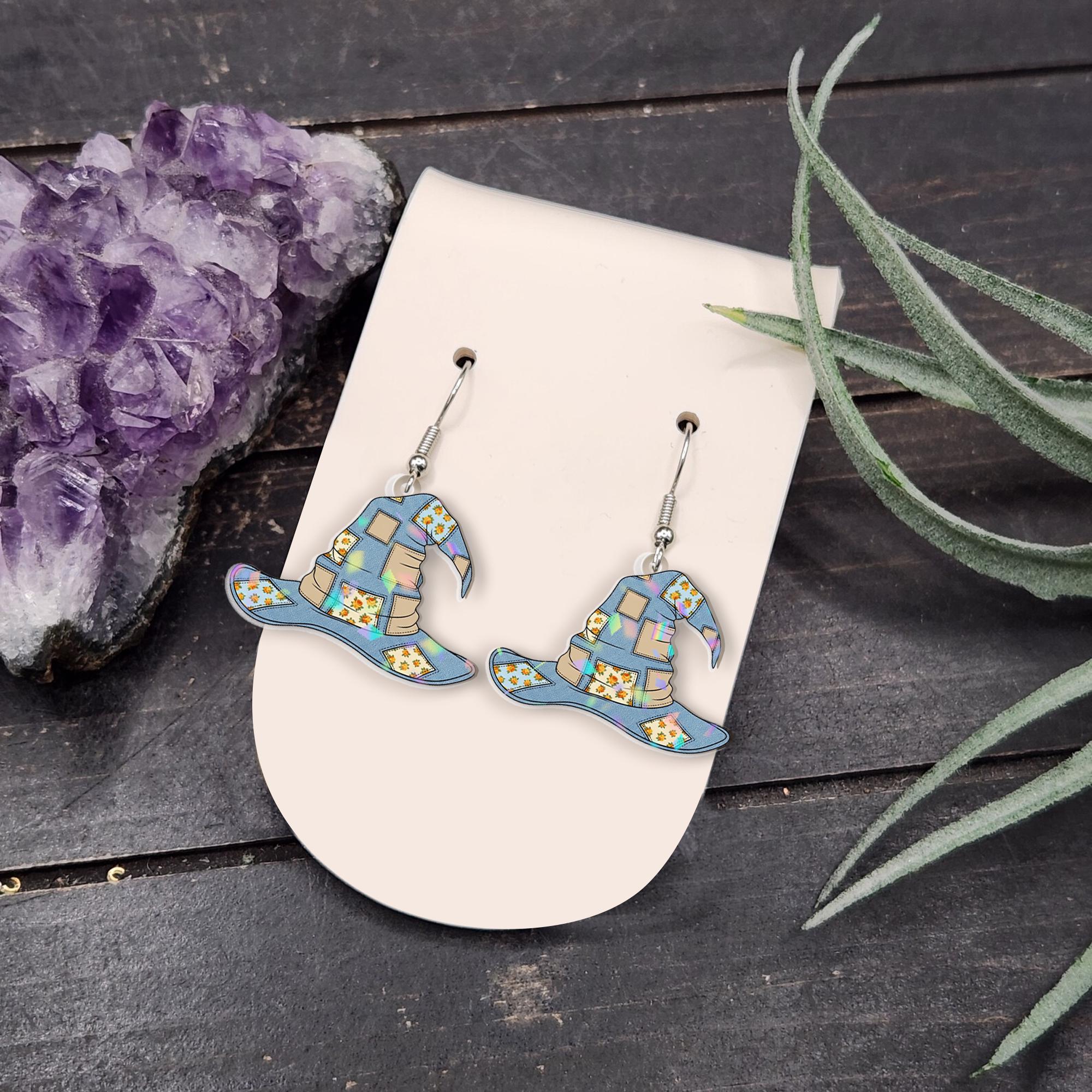 Patchwork Witch Hat Earrings – Cottagecore Denim & Floral Boho Halloween Dangle Earrings, Unique Witchy Gift