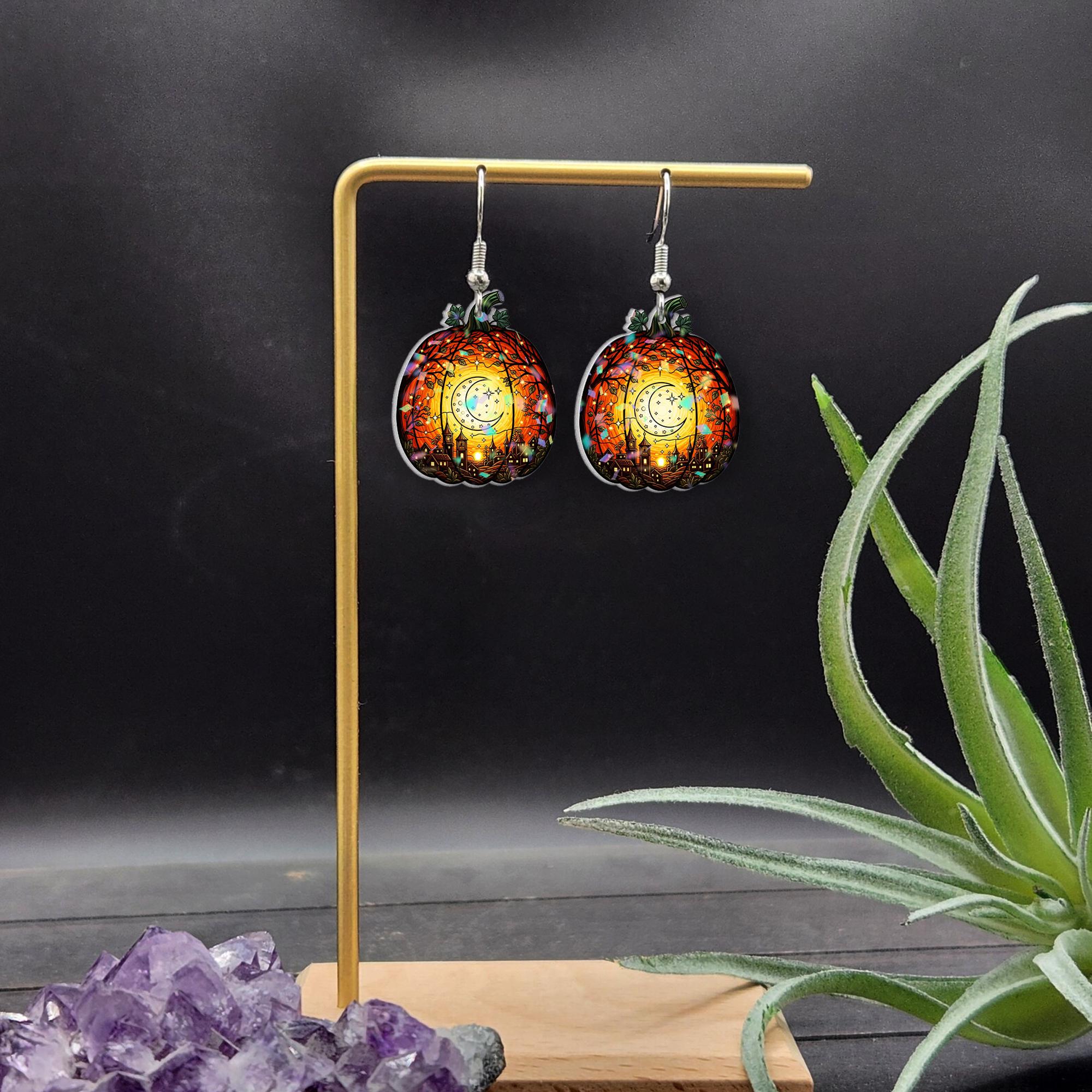Pumpkin Moon Village Earrings – Halloween Pumpkin Scene Dangle Earrings, Harvest Moon, Whimsical Fall Gift