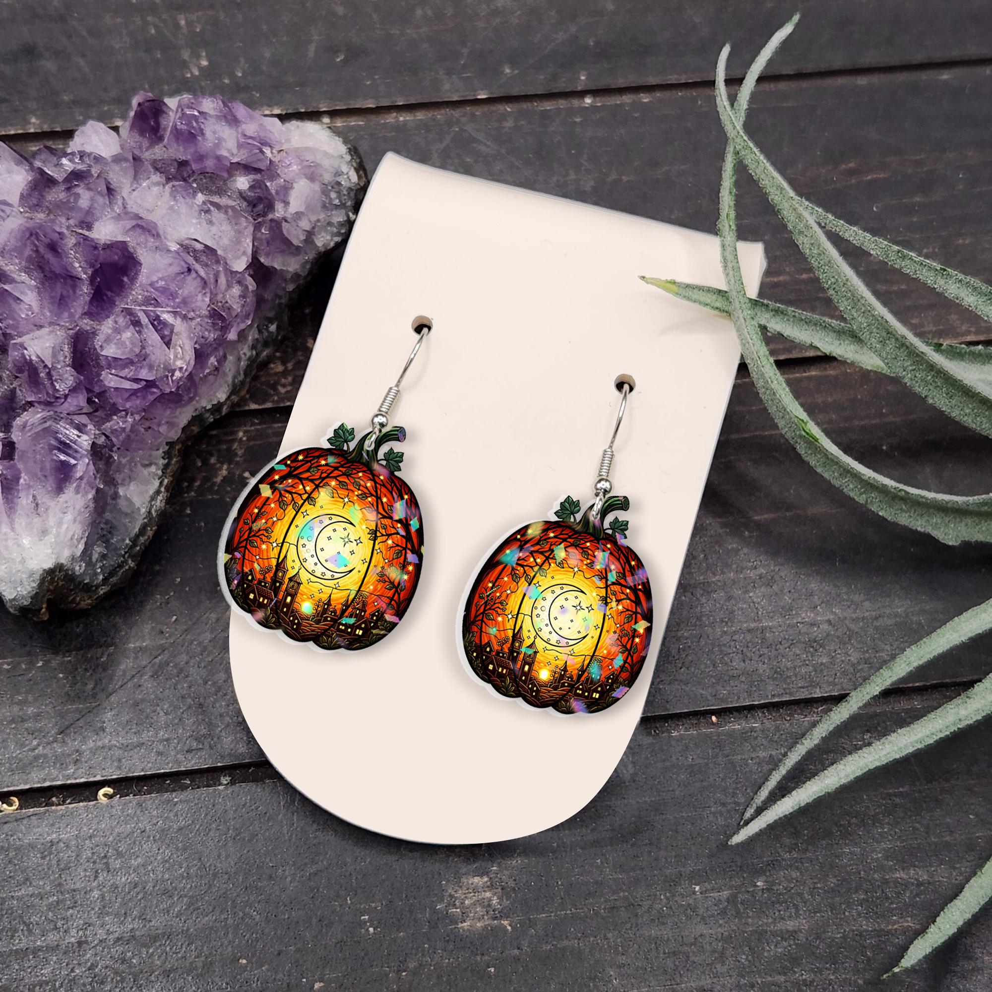Pumpkin Moon Village Earrings – Halloween Pumpkin Scene Dangle Earrings, Harvest Moon, Whimsical Fall Gift