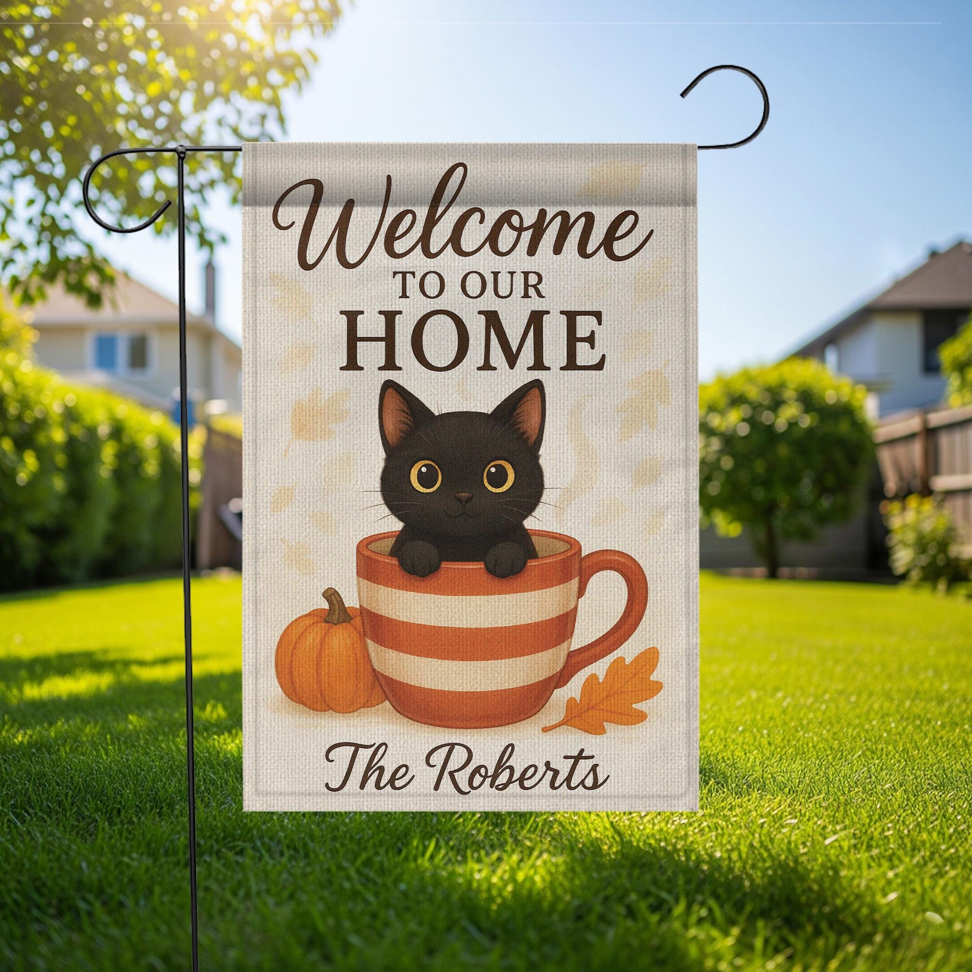Welcome to Our Home Cat Garden Flag, Personalized Fall Pumpkin Cup Black Kitten Welcome Flag Outdoor Fall Decor, Cat Garden Flag
