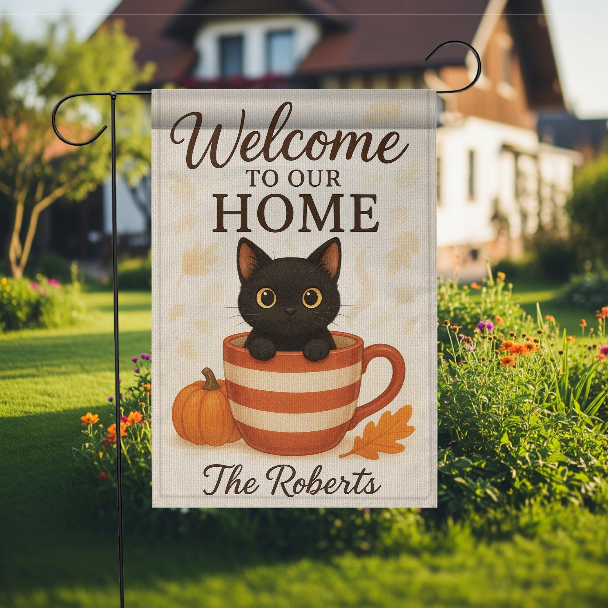 Welcome to Our Home Cat Garden Flag, Personalized Fall Pumpkin Cup Black Kitten Welcome Flag Outdoor Fall Decor, Cat Garden Flag