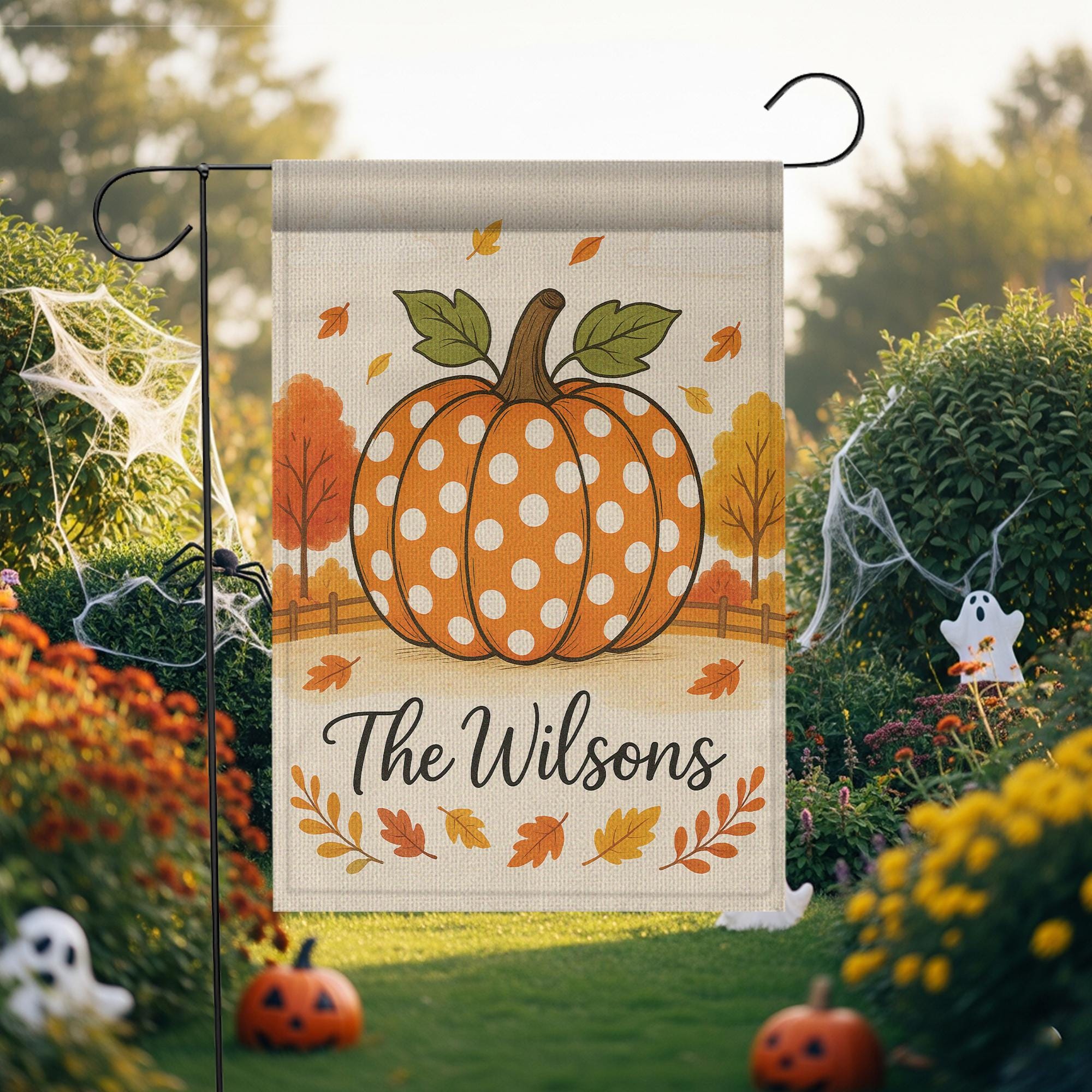 Polka Dot Pumpkin Garden Flag, Personalized Fall Yard Decor, Autumn Outdoor Welcome Sign, Custom Family Name Flag, Garden Flag