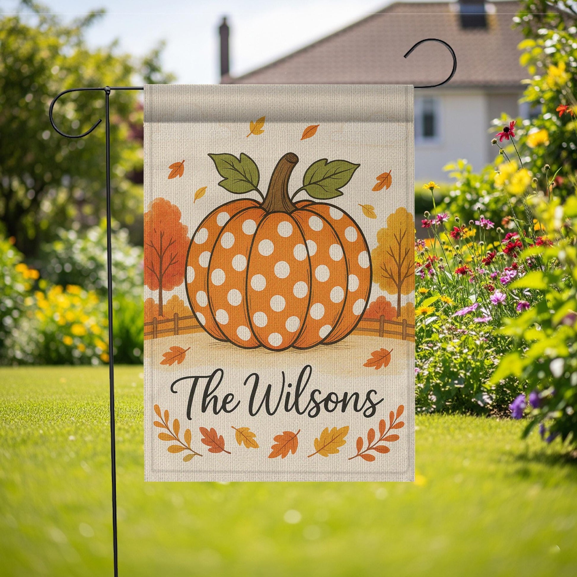 Polka Dot Pumpkin Garden Flag, Personalized Fall Yard Decor, Autumn Outdoor Welcome Sign, Custom Family Name Flag, Garden Flag
