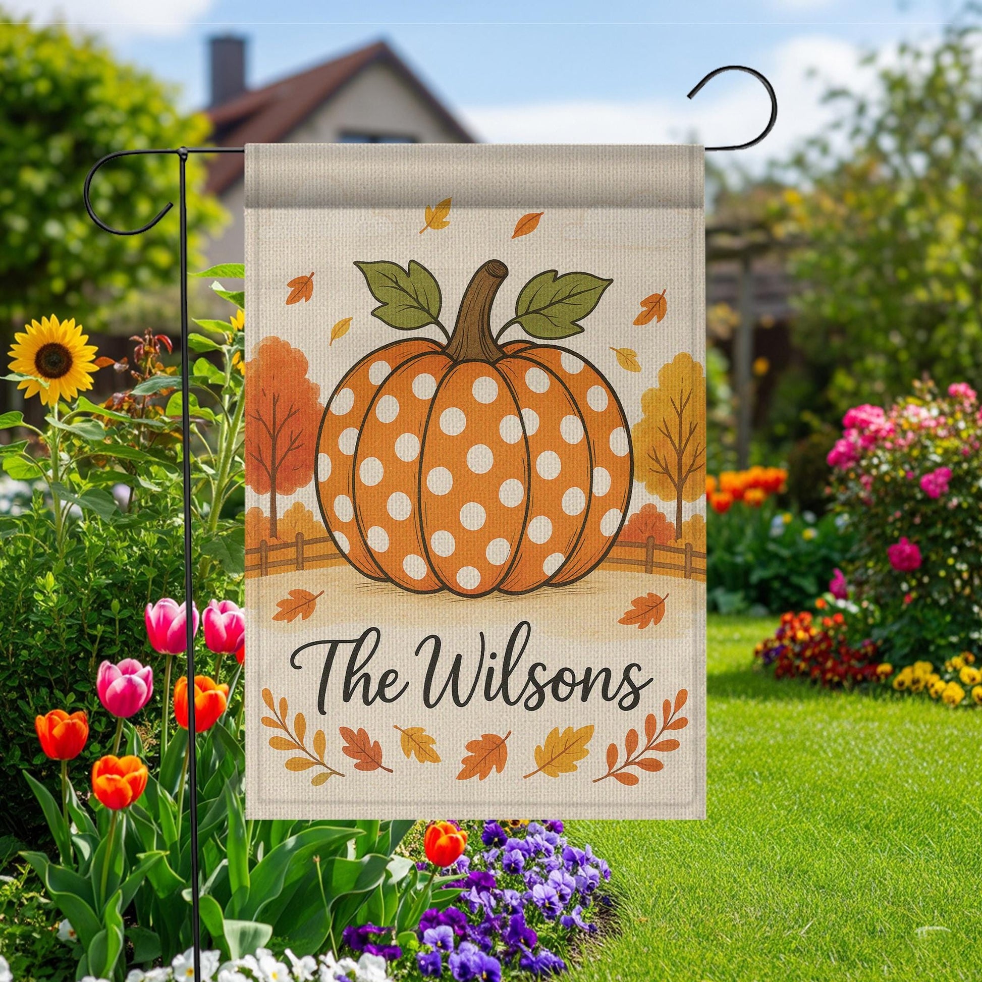 Polka Dot Pumpkin Garden Flag, Personalized Fall Yard Decor, Autumn Outdoor Welcome Sign, Custom Family Name Flag, Garden Flag