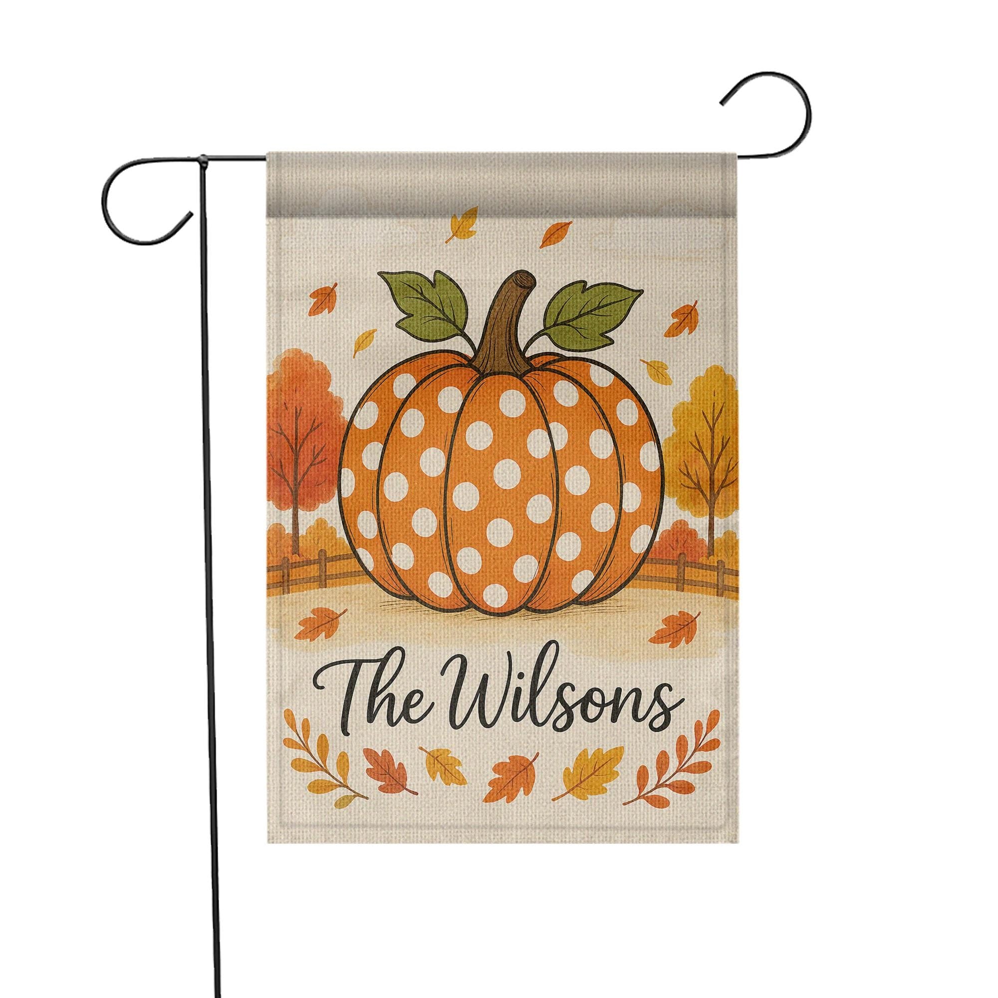 Polka Dot Pumpkin Garden Flag, Personalized Fall Yard Decor, Autumn Outdoor Welcome Sign, Custom Family Name Flag, Garden Flag