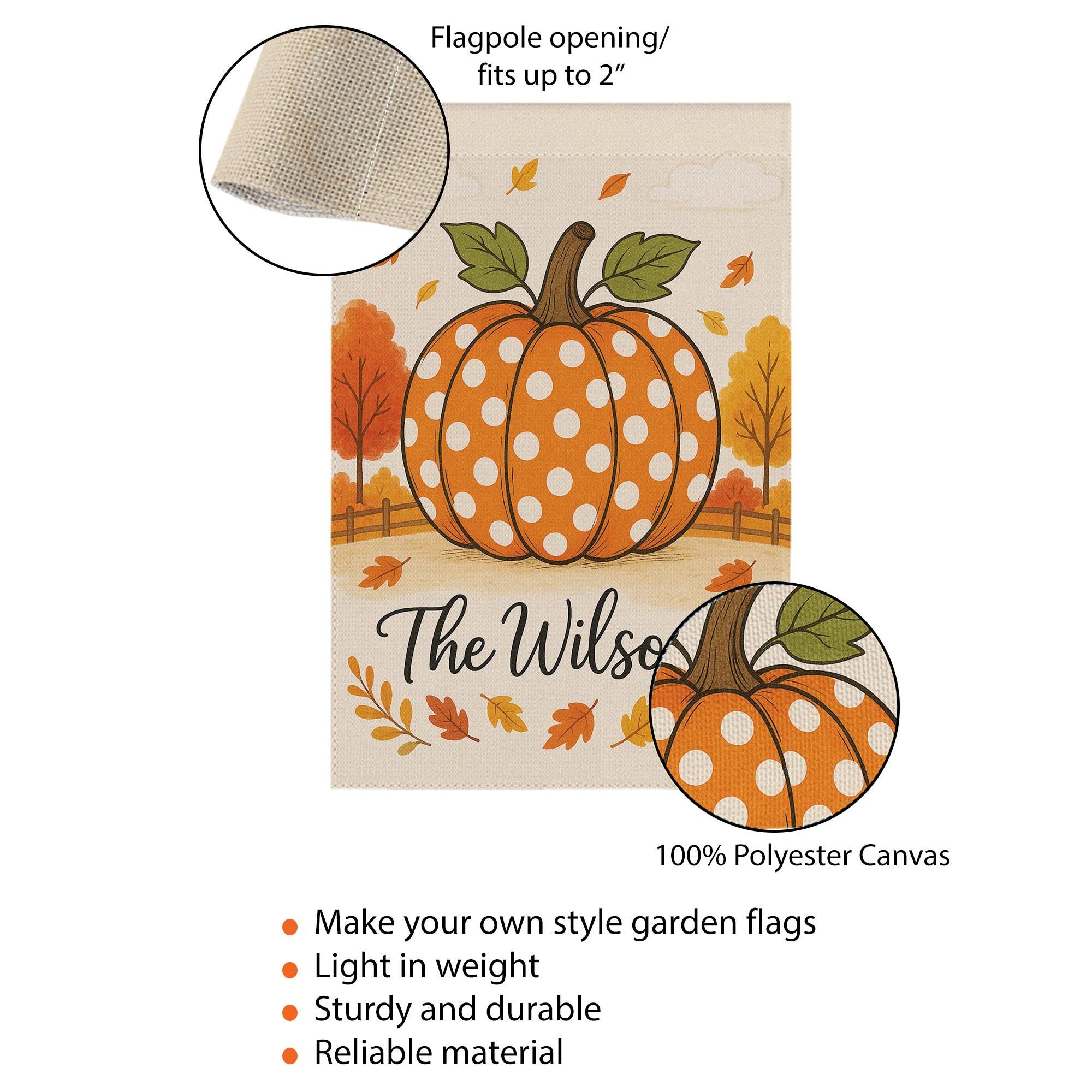 Polka Dot Pumpkin Garden Flag, Personalized Fall Yard Decor, Autumn Outdoor Welcome Sign, Custom Family Name Flag, Garden Flag