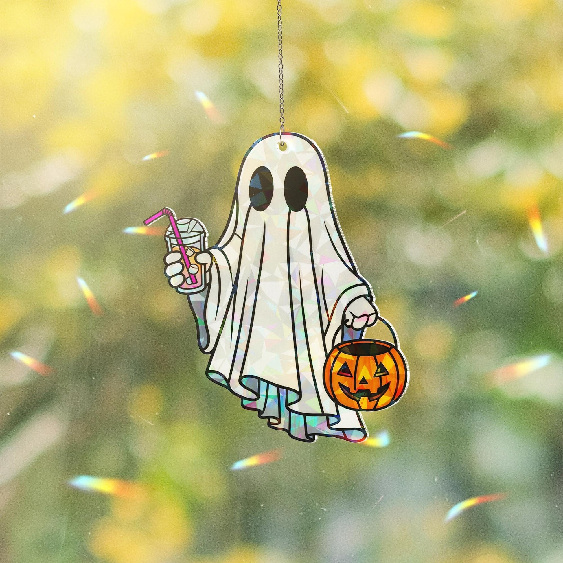 Hologram Ghost Window Hanging, Shimmering Acrylic Suncatcher, Halloween Ghost Decor, Light‑Catching Ghost Ornament, Suncatcher Style
