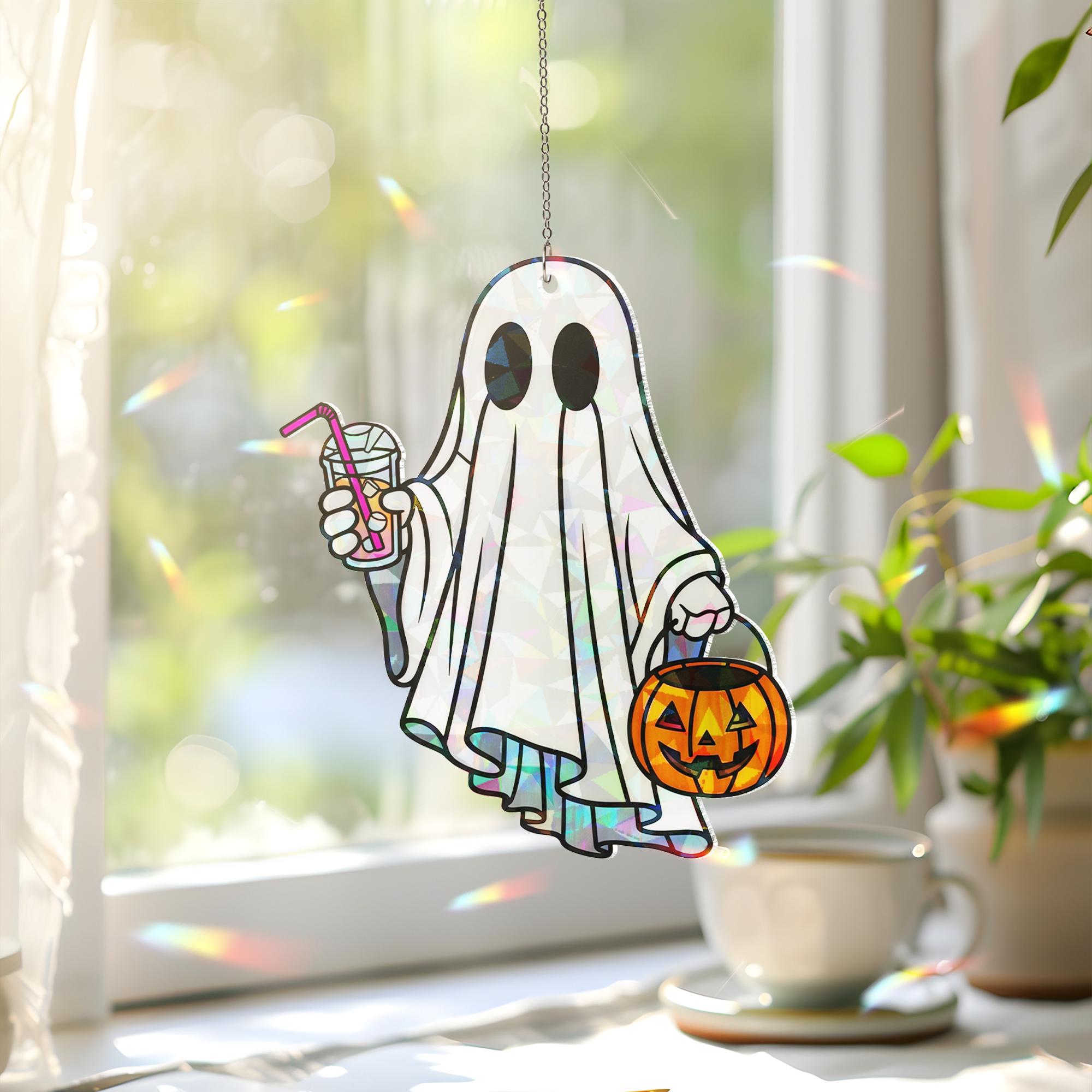 Hologram Ghost Window Hanging, Shimmering Acrylic Suncatcher, Halloween Ghost Decor, Light‑Catching Ghost Ornament, Suncatcher Style
