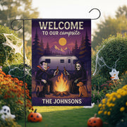 Welcome to Our Campsite Garden Flag, Halloween Garden Flag, Personalized Halloween Campfire Flag, Yard Decor, Family Name
