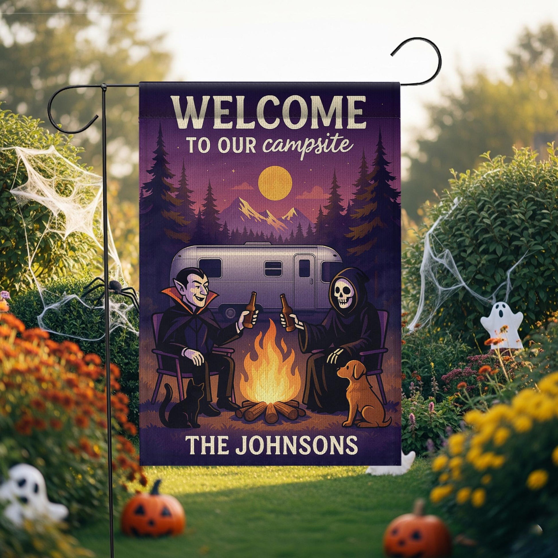 Welcome to Our Campsite Garden Flag, Halloween Garden Flag, Personalized Halloween Campfire Flag, Yard Decor, Family Name