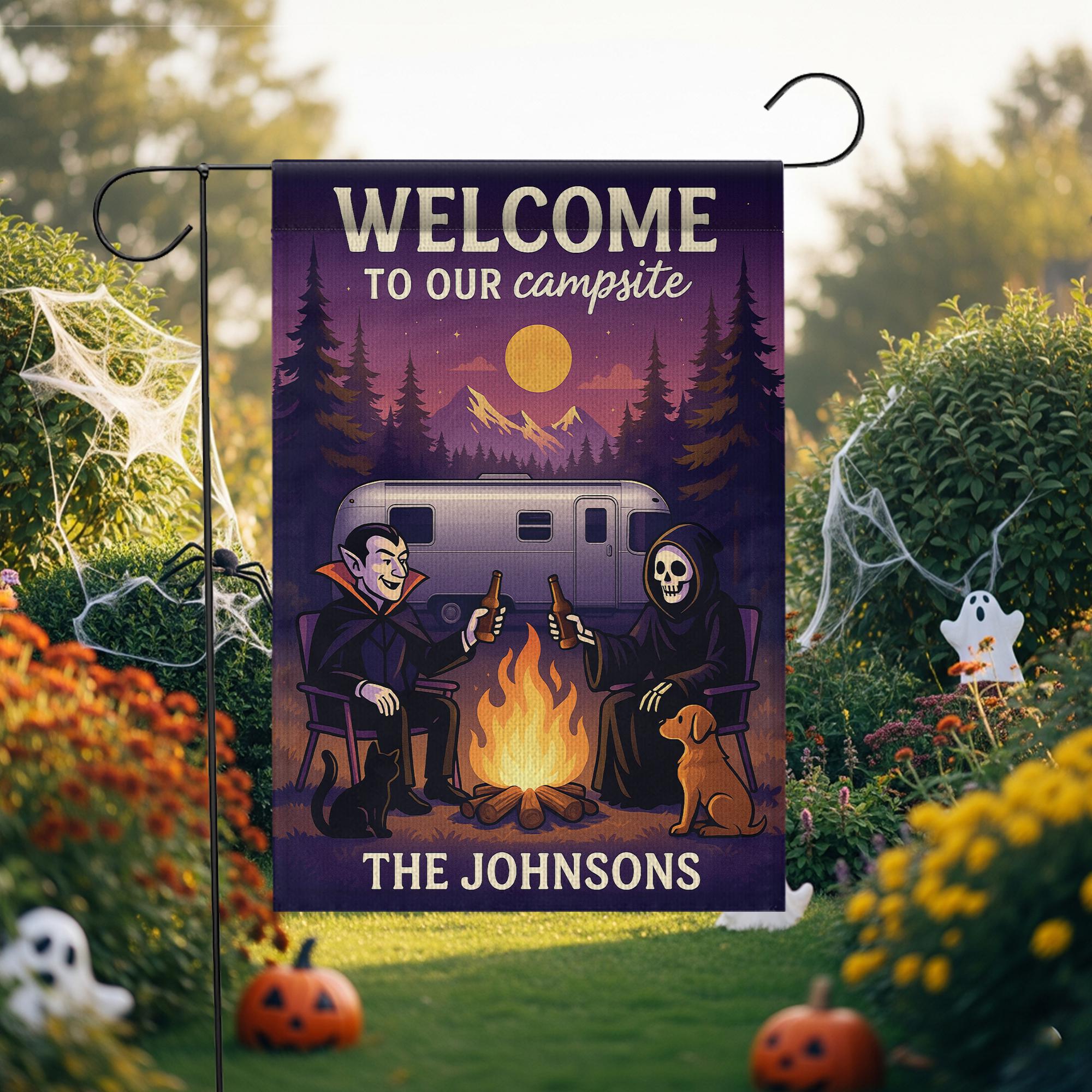 Welcome to Our Campsite Garden Flag, Halloween Garden Flag, Personalized Halloween Campfire Flag, Yard Decor, Family Name
