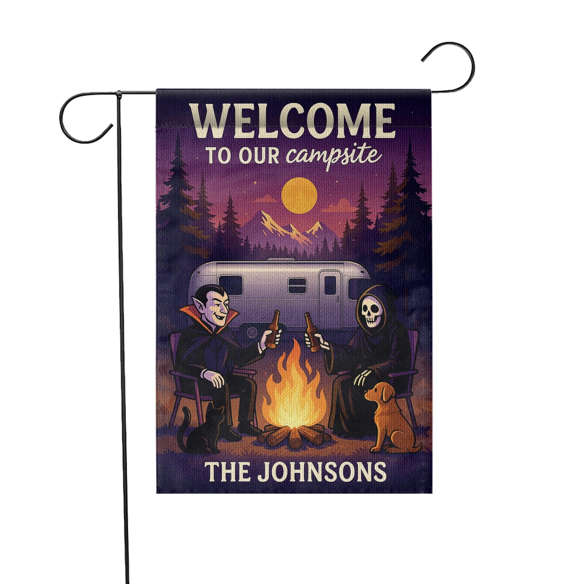 Welcome to Our Campsite Garden Flag, Halloween Garden Flag, Personalized Halloween Campfire Flag, Yard Decor, Family Name