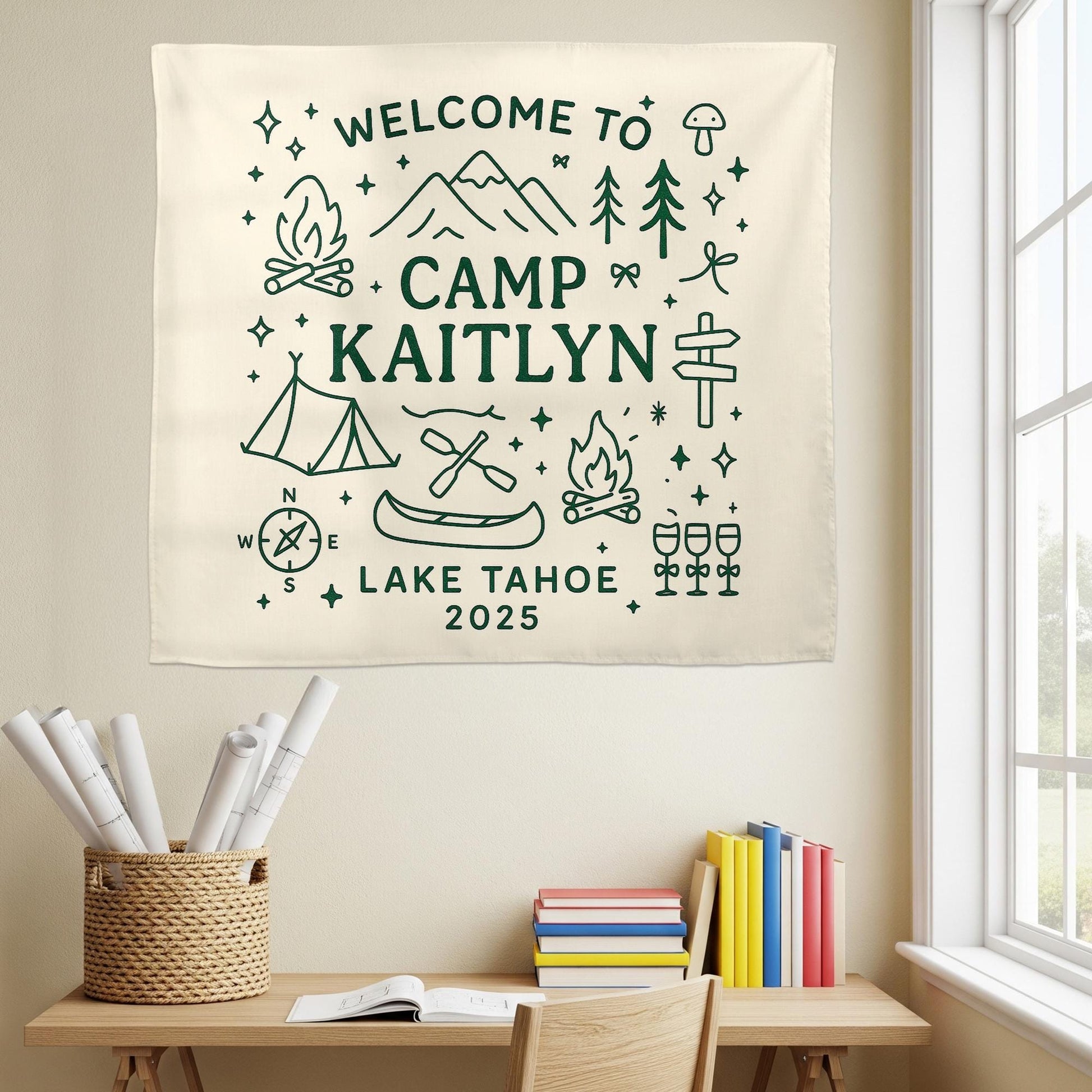 Welcome to Camp Personalized Tapestry, Custom Name Wall Hanging, Camping Cabin Decor, Lake Tahoe Camp Sign, Adventure Keepsake