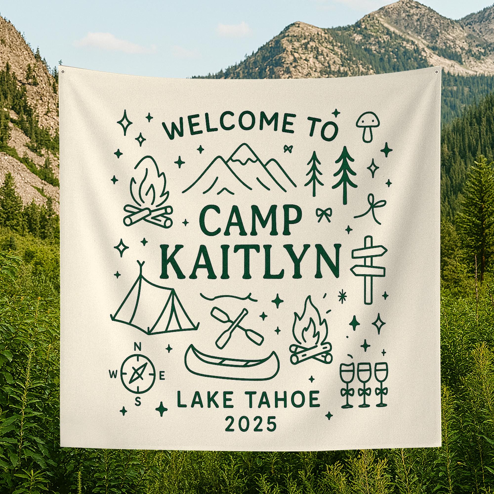 Welcome to Camp Personalized Tapestry, Custom Name Wall Hanging, Camping Cabin Decor, Lake Tahoe Camp Sign, Adventure Keepsake