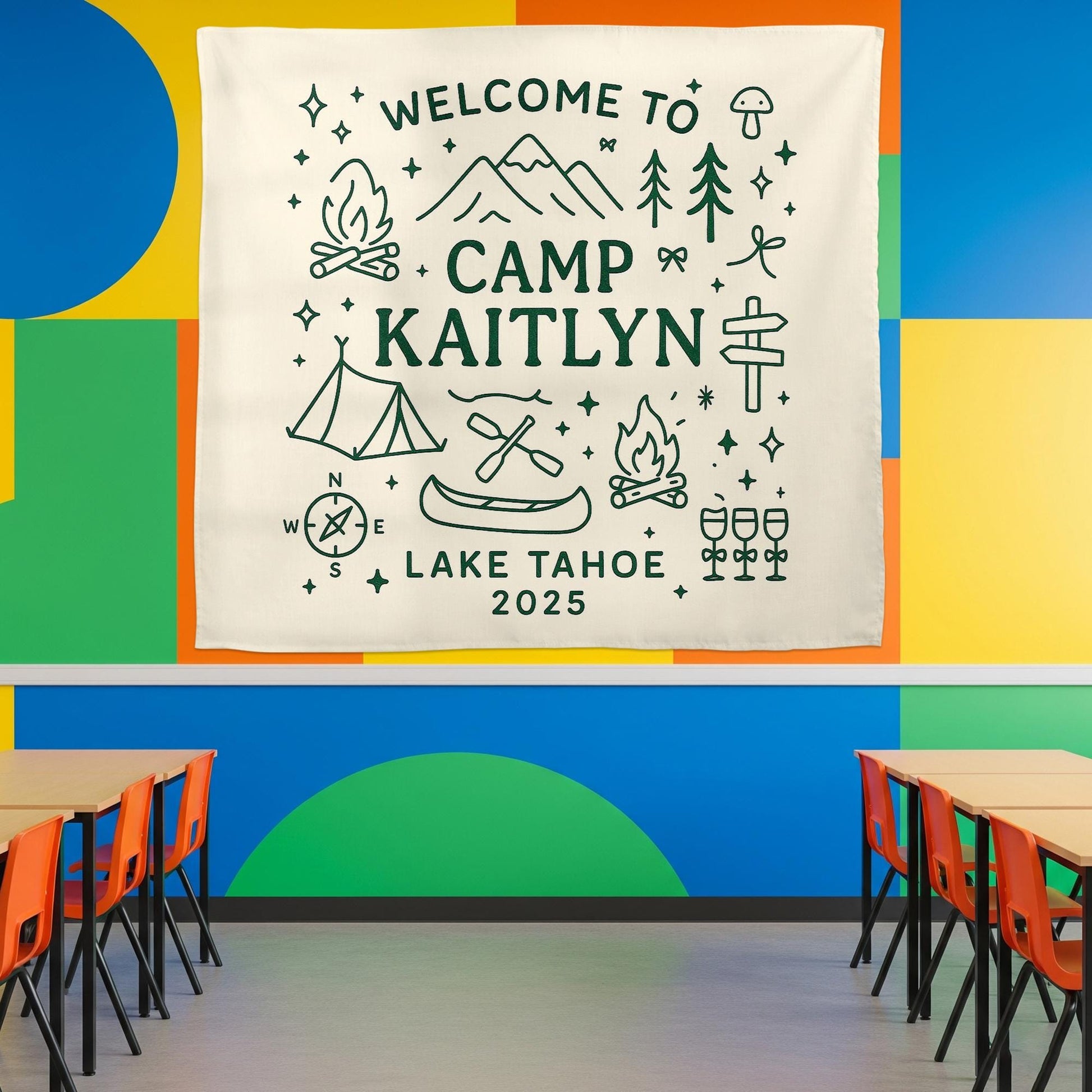 Welcome to Camp Personalized Tapestry, Custom Name Wall Hanging, Camping Cabin Decor, Lake Tahoe Camp Sign, Adventure Keepsake