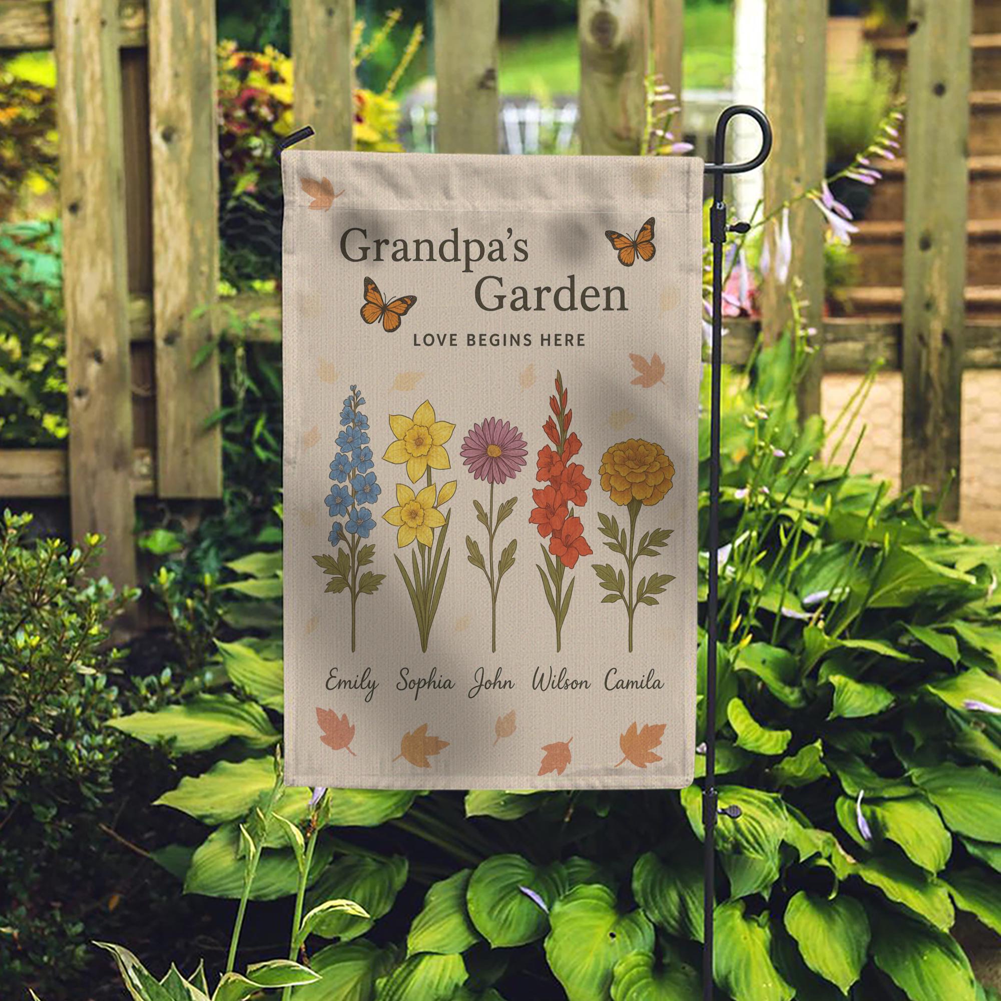 Grandpa’s Garden Flag, Personalized with Names & Flowers, Custom Grandkids Flag, Love Begins Here Yard Decor