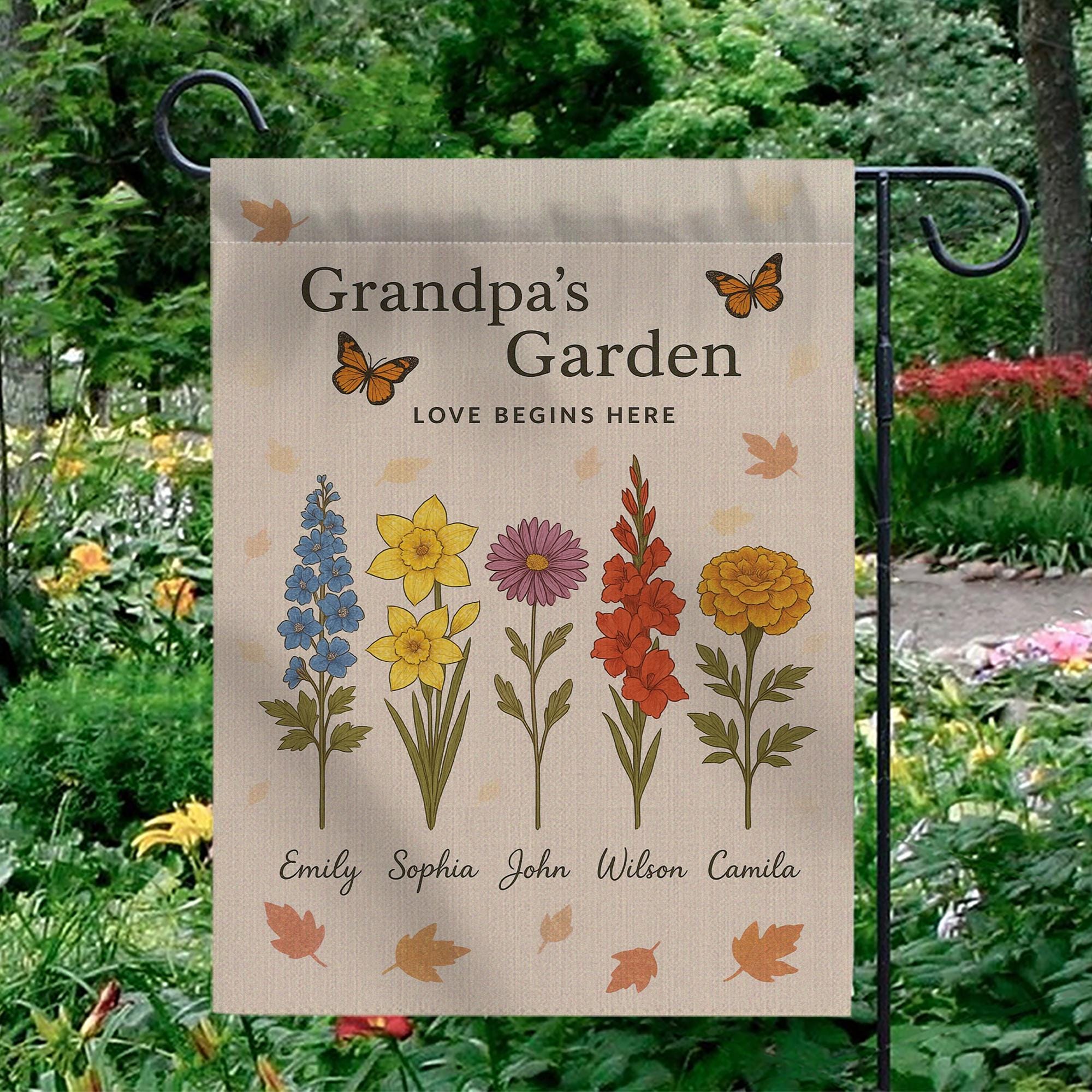 Grandpa’s Garden Flag, Personalized with Names & Flowers, Custom Grandkids Flag, Love Begins Here Yard Decor