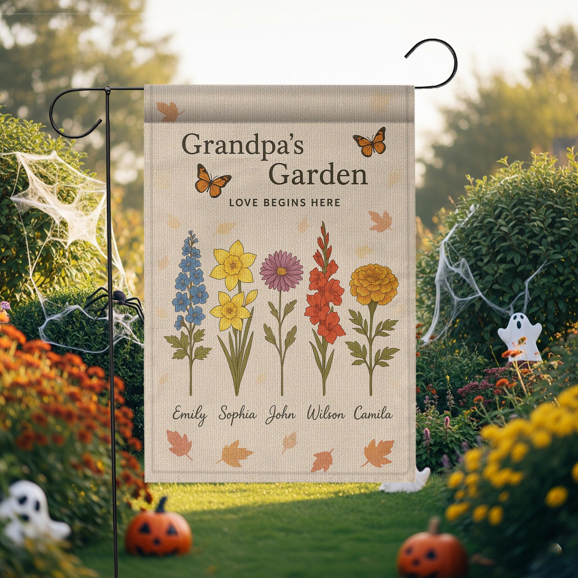 Grandpa’s Garden Flag, Personalized with Names & Flowers, Custom Grandkids Flag, Love Begins Here Yard Decor
