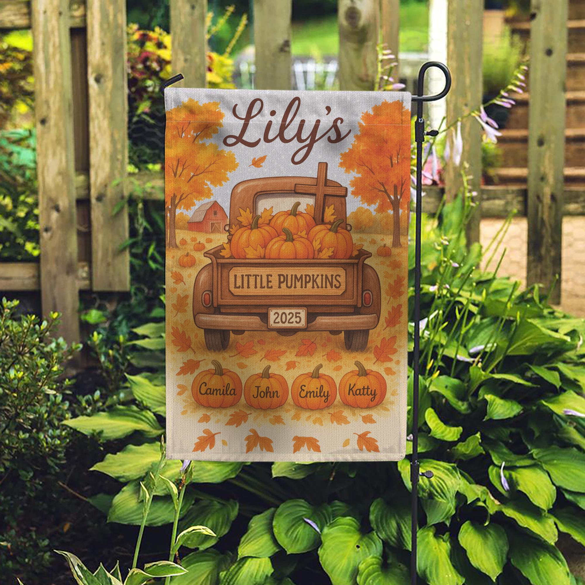 Little Pumpkins Garden Flag, Custom Autumn Name Flag, Personalized Fall Yard Decor with Kids’ Names, Pumpkins & Truck Sign