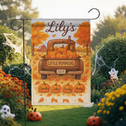 Little Pumpkins Garden Flag, Custom Autumn Name Flag, Personalized Fall Yard Decor with Kids’ Names, Pumpkins & Truck Sign