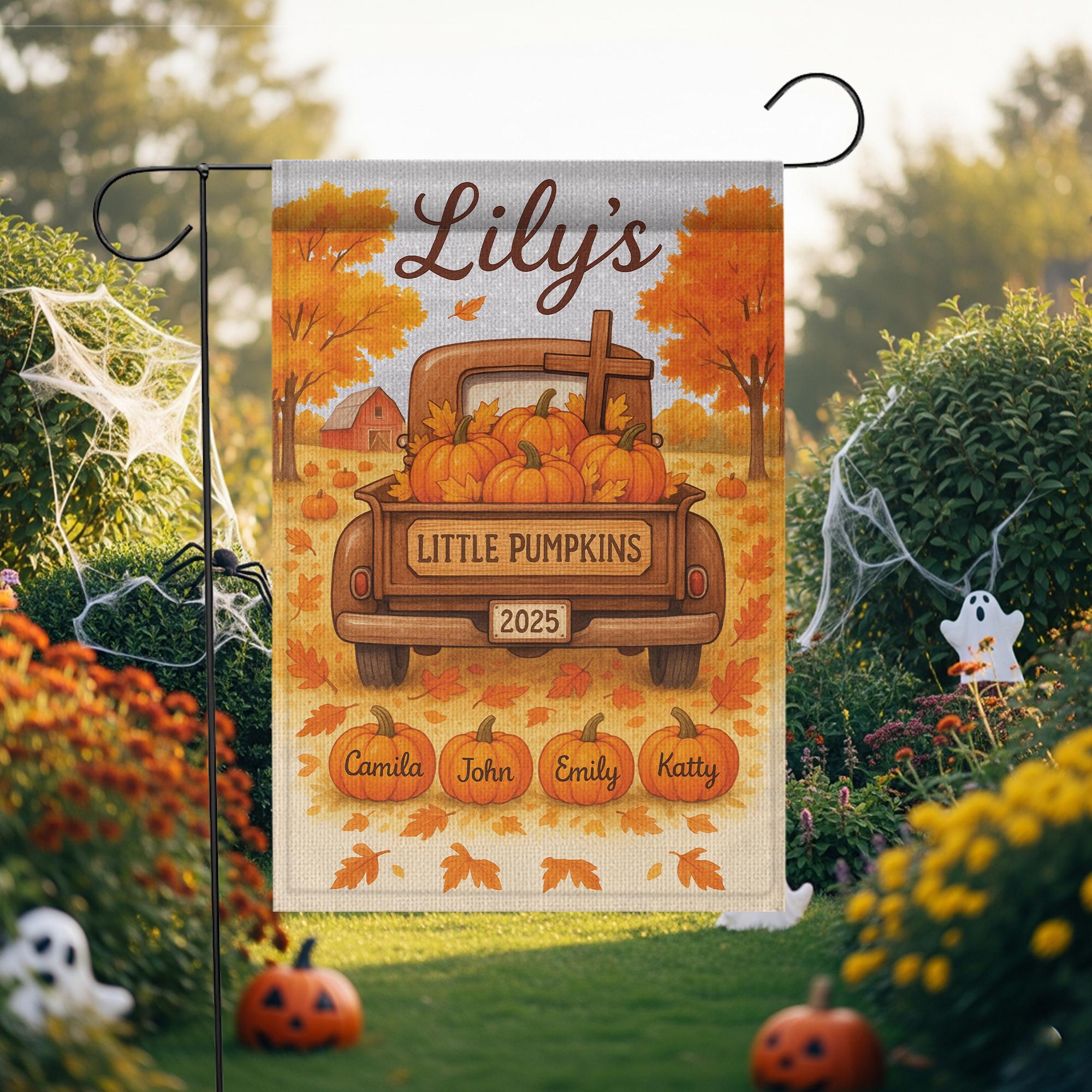 Little Pumpkins Garden Flag, Custom Autumn Name Flag, Personalized Fall Yard Decor with Kids’ Names, Pumpkins & Truck Sign