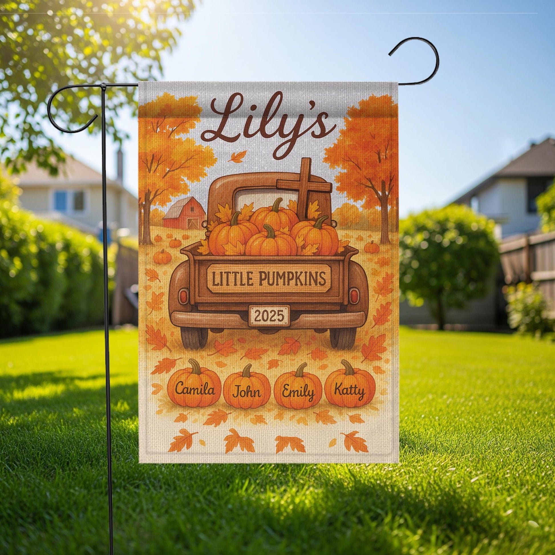 Little Pumpkins Garden Flag, Custom Autumn Name Flag, Personalized Fall Yard Decor with Kids’ Names, Pumpkins & Truck Sign