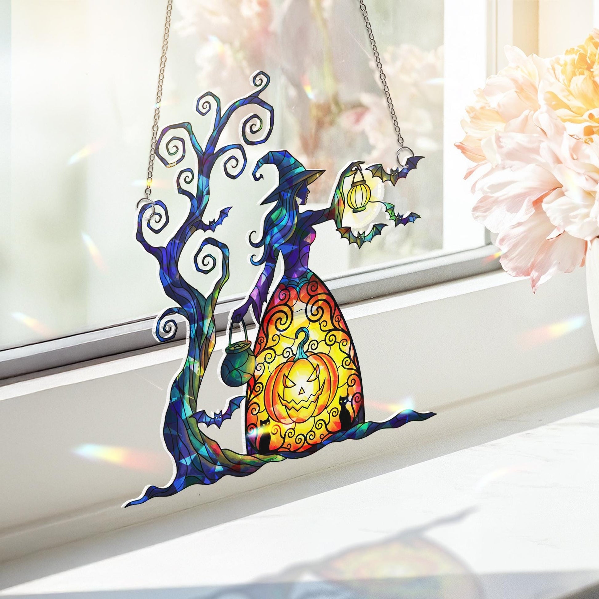 Halloween Witch Pumpkin Acrylic Suncatcher, Home Decor Window Hanging, Spooky Fall Decor With Tree And Bats, Home Decor Hanger