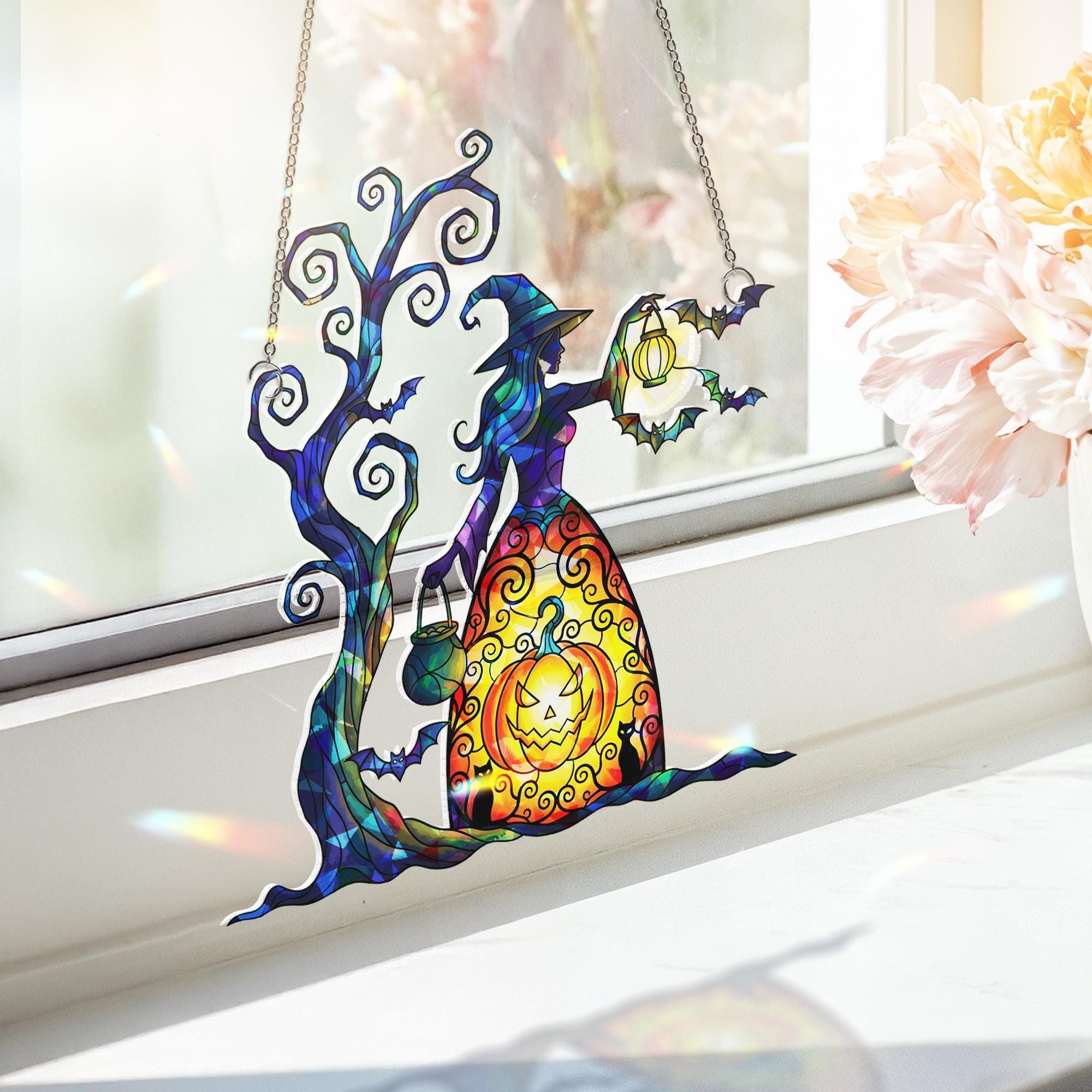 Halloween Witch Pumpkin Acrylic Suncatcher, Home Decor Window Hanging, Spooky Fall Decor With Tree And Bats, Home Decor Hanger