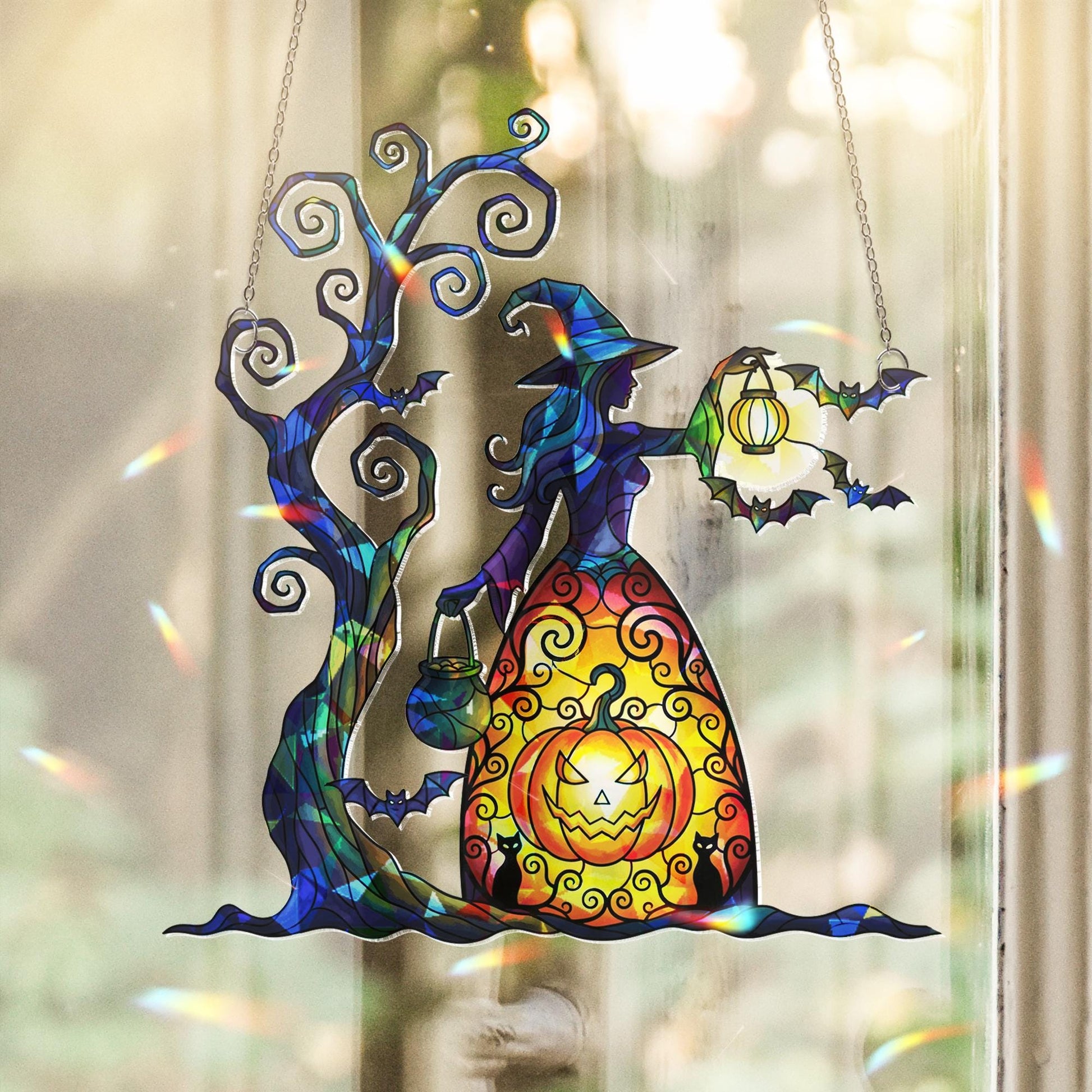 Halloween Witch Pumpkin Acrylic Suncatcher, Home Decor Window Hanging, Spooky Fall Decor With Tree And Bats, Home Decor Hanger