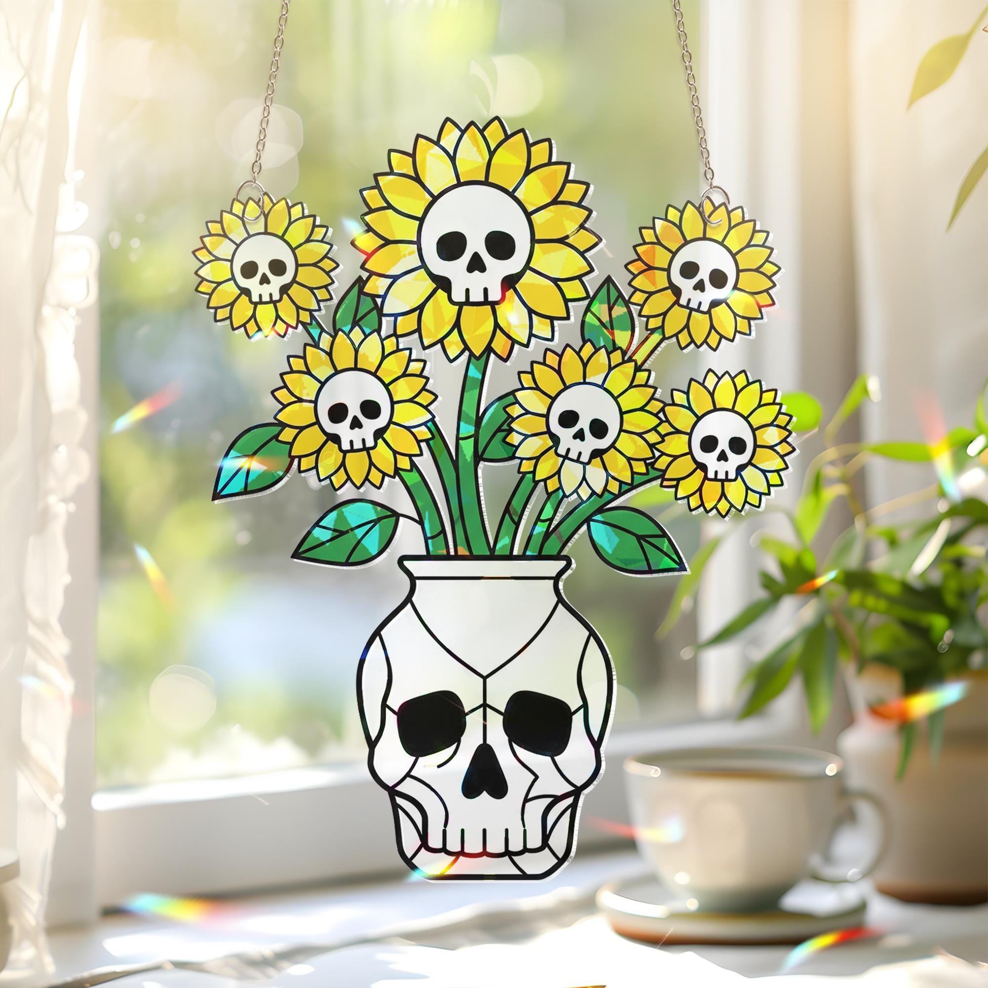 Skull Sunflower Acrylic Suncatcher, Suncatcher Spooky Flower Window Hanging, Gothic Halloween Home Decor, Halloween Decor Gift