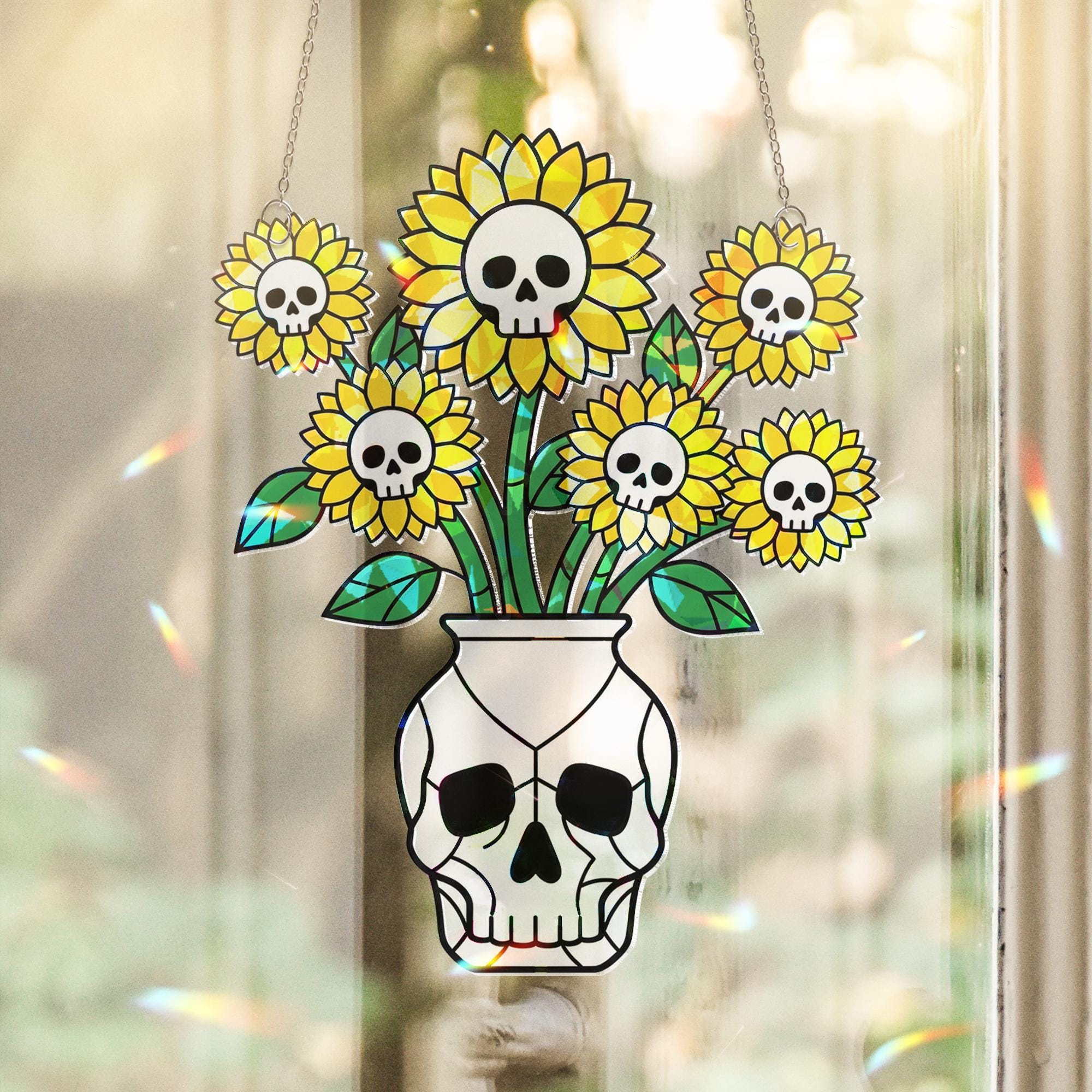 Skull Sunflower Acrylic Suncatcher, Suncatcher Spooky Flower Window Hanging, Gothic Halloween Home Decor, Halloween Decor Gift