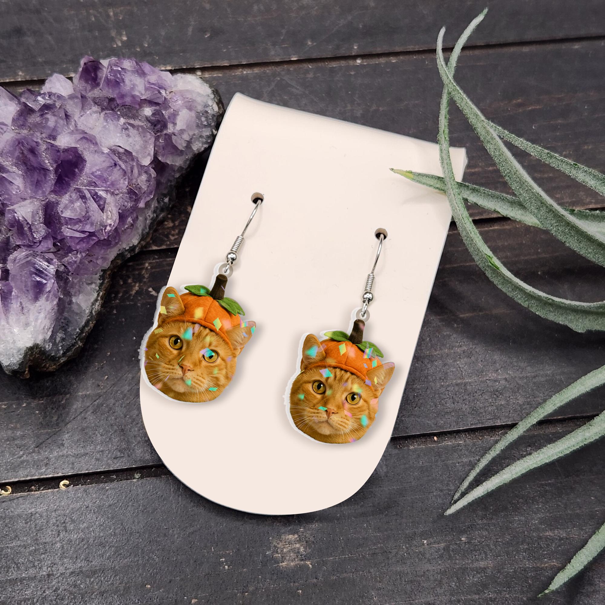 Custom Pet Photo Earrings – Personalized Cat or Dog Jewelry – Funny Fall Earrings – Pet Lover Gift – Halloween Pet Keepsake