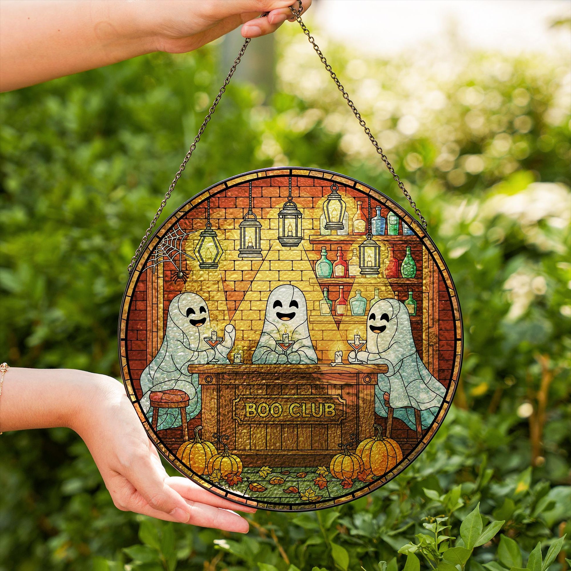 Boo Club Ghost Bar Glass Suncatcher, Stained Glass Style Halloween Window Hanging, Spooky Cocktail Party Home Decor, Kitchen Decor