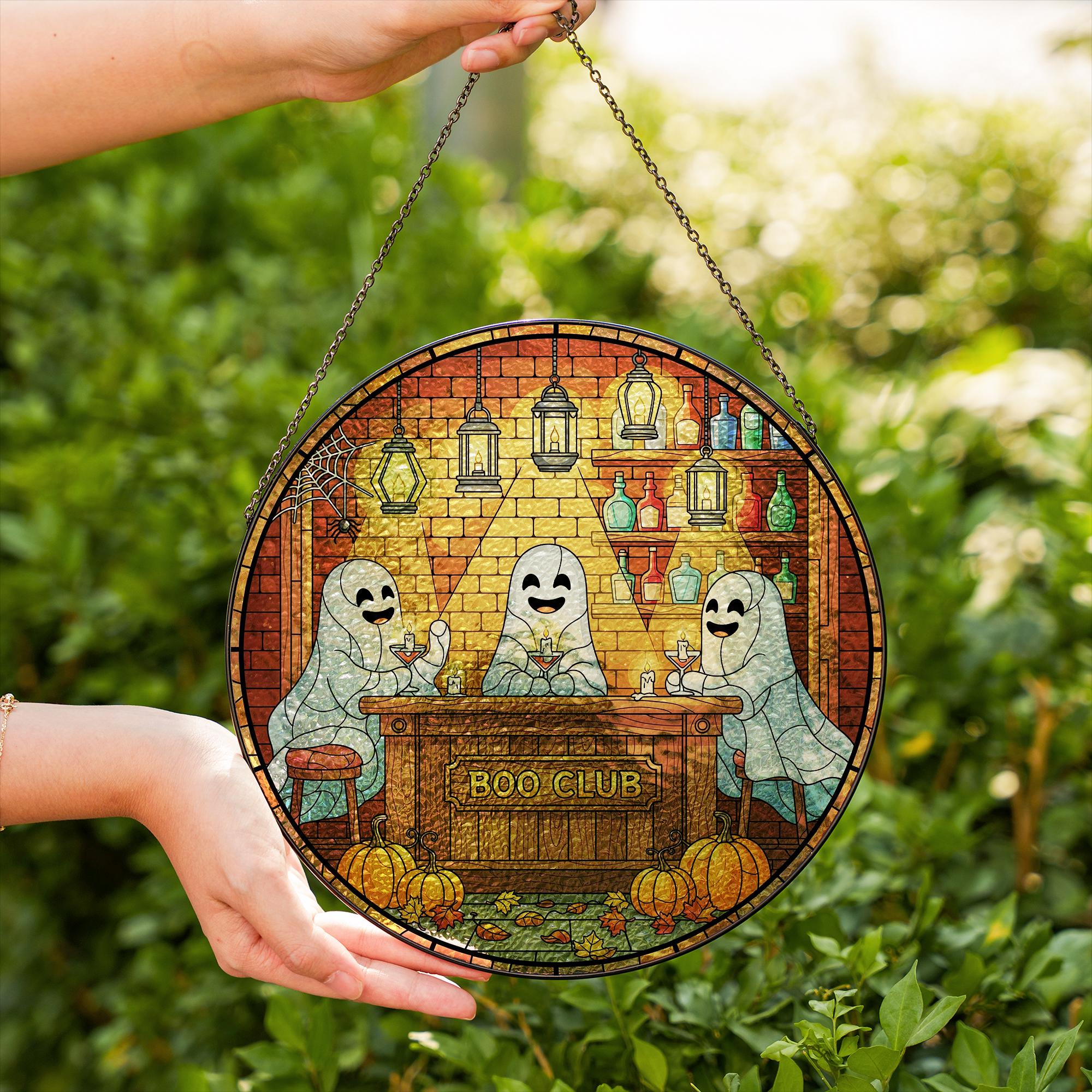 Boo Club Ghost Bar Glass Suncatcher, Stained Glass Style Halloween Window Hanging, Spooky Cocktail Party Home Decor, Kitchen Decor