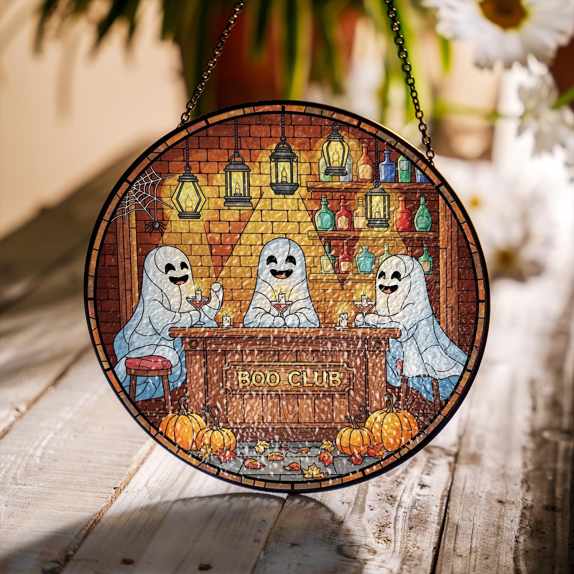 Boo Club Ghost Bar Glass Suncatcher, Stained Glass Style Halloween Window Hanging, Spooky Cocktail Party Home Decor, Kitchen Decor
