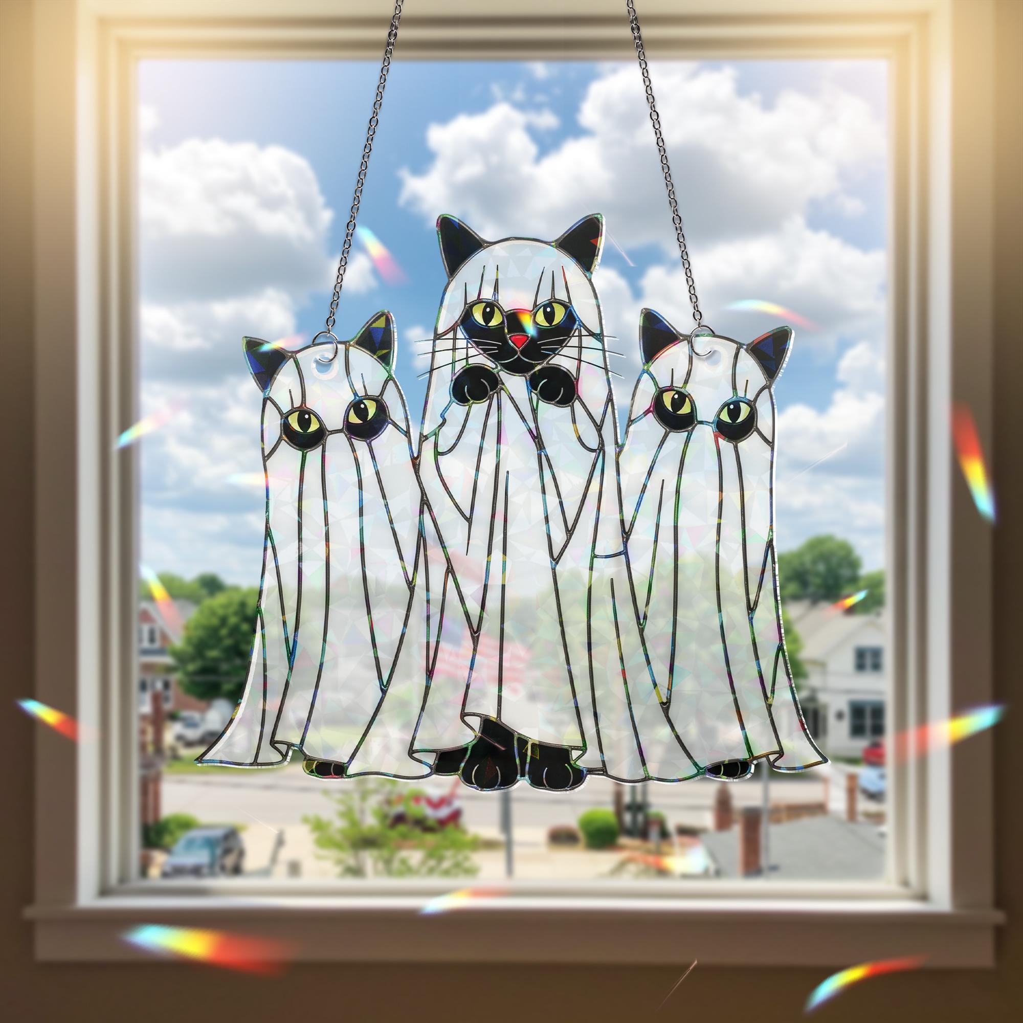 Ghost Cat Suncatcher – Holographic Halloween Acrylic Window Decor – Cute Spooky Black Cat Hanging – Ghost Kitty Witchy Gift
