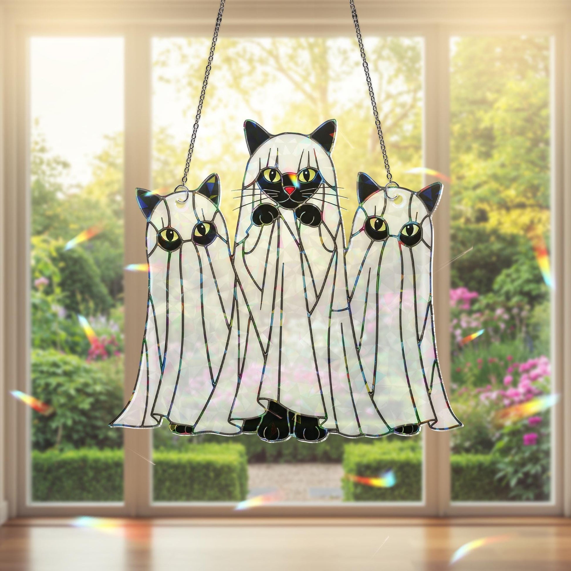 Ghost Cat Suncatcher – Holographic Halloween Acrylic Window Decor – Cute Spooky Black Cat Hanging – Ghost Kitty Witchy Gift