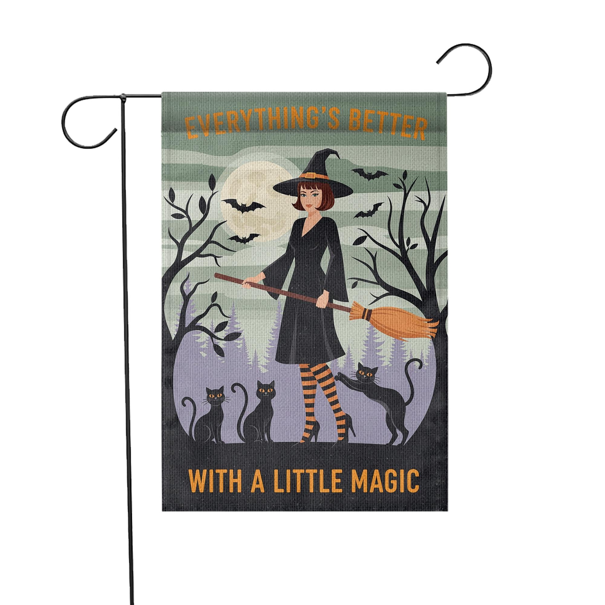 Everything's Better With A Little Magic Halloween Garden Flag | Witch & Black Cats Broom Decor
