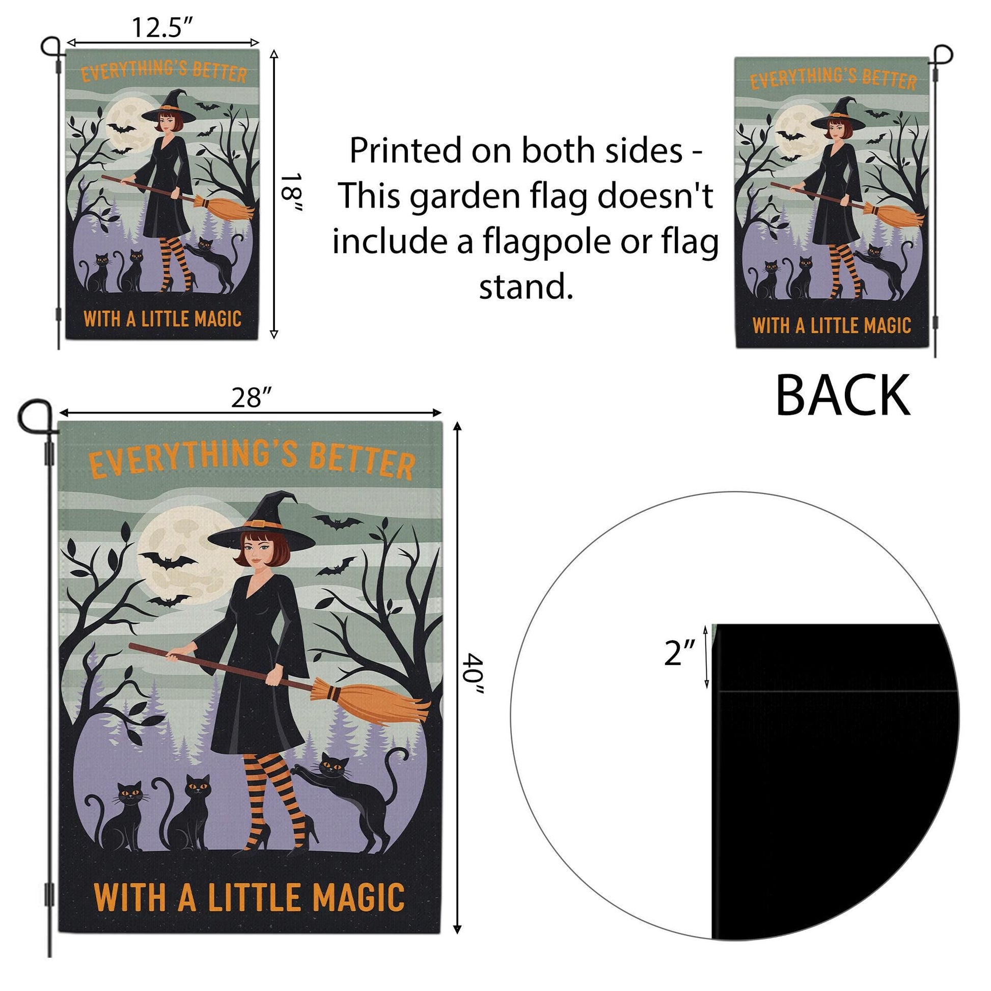Everything's Better With A Little Magic Halloween Garden Flag | Witch & Black Cats Broom Decor